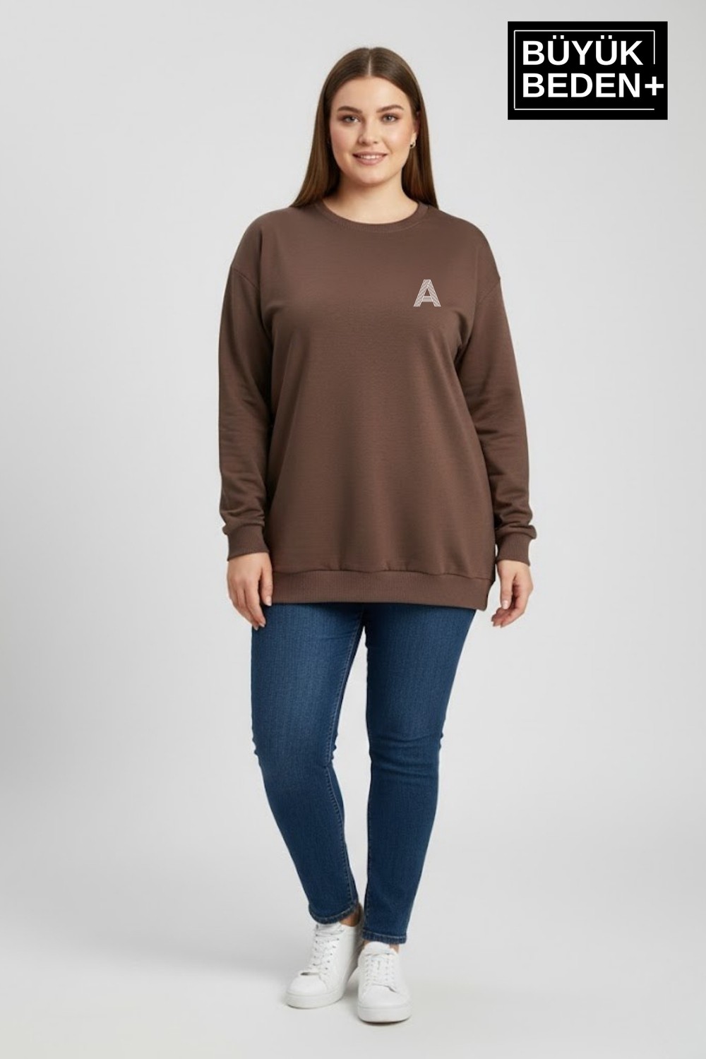 Superlife Kadın Büyük Beden A Baskılı Bisiklet Yaka Ince Sweatshirt SPR26BSWK956-12
