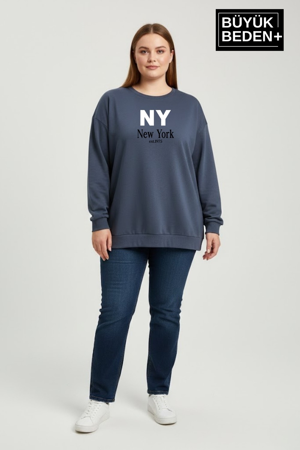 Superlife Kadın Büyük Beden Ny Newyork Baskılı Bisiklet Yaka Ince Sweatshirt SPR26BSWK956-15 görsel 7