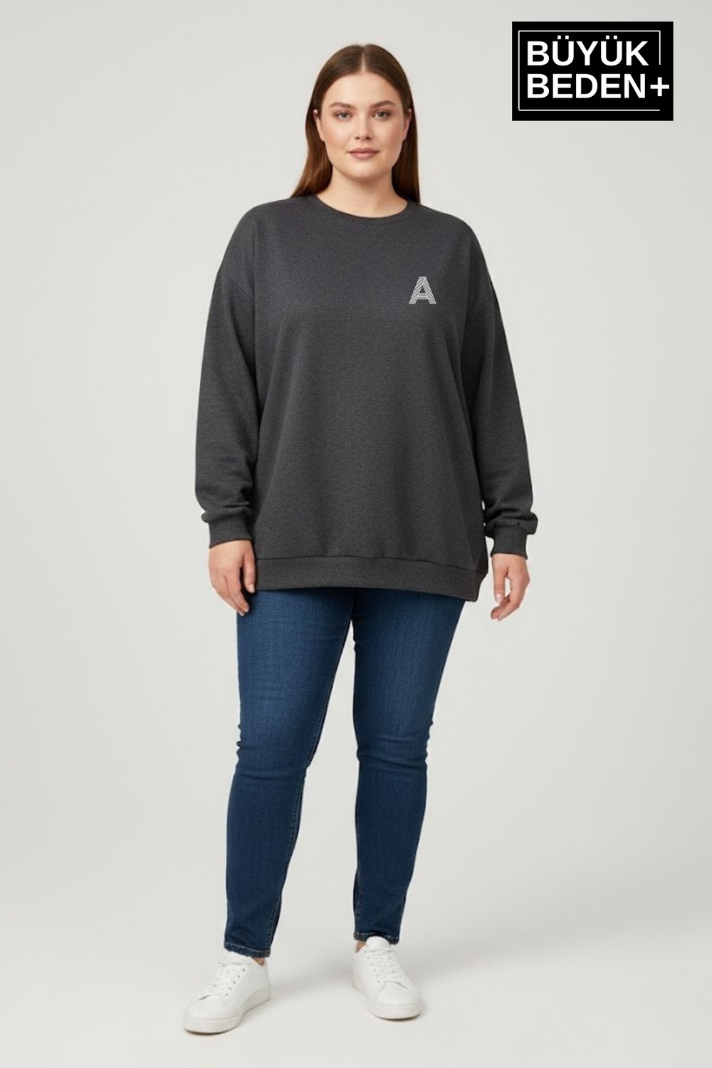 Superlife Kadın Büyük Beden A Baskılı Bisiklet Yaka Ince Sweatshirt SPR26BSWK956-12 görsel 7