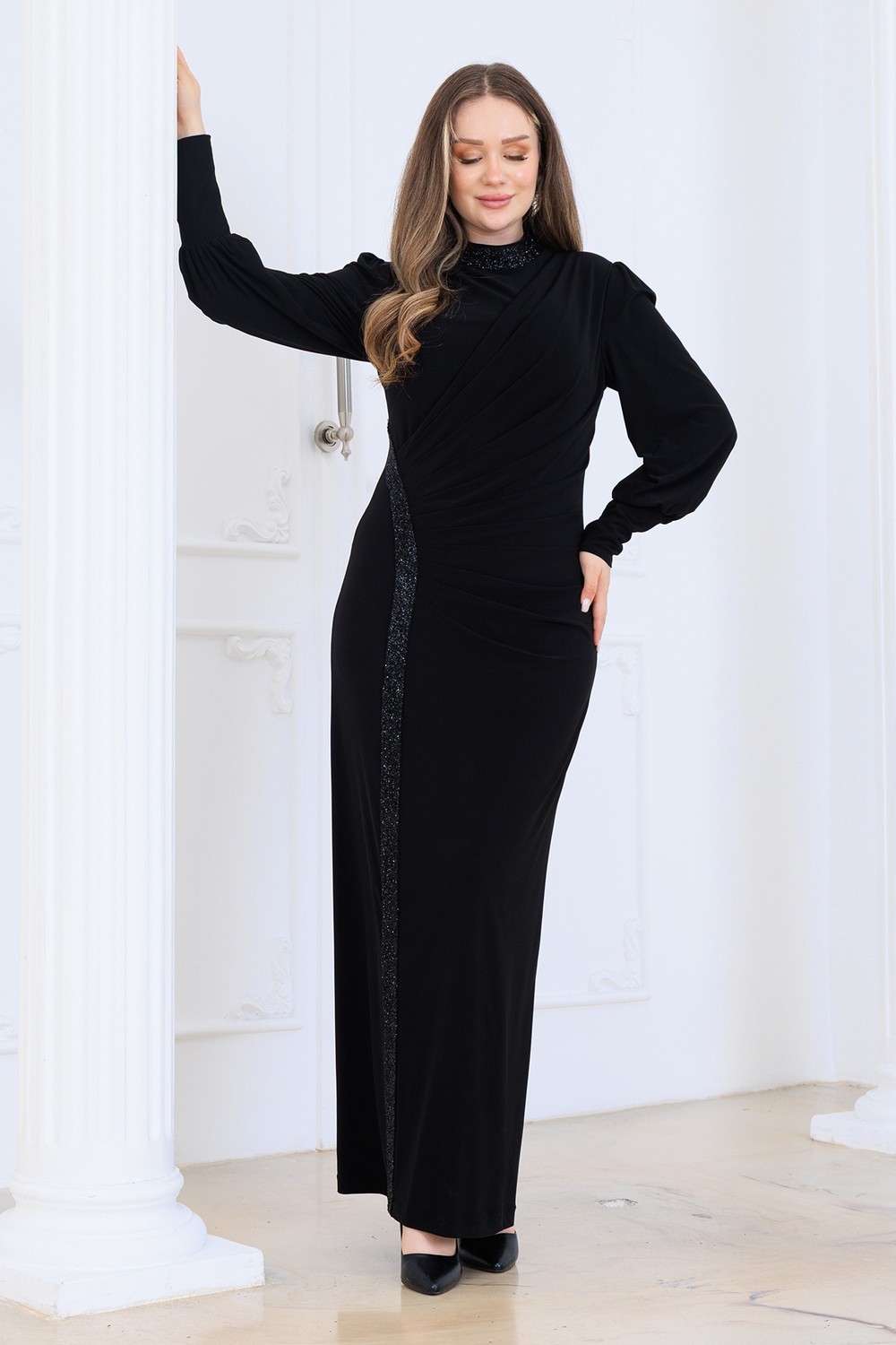 Elben moda Eleni Taş Detaylı Şık ve Zarif Tesettür Abiye Elbise