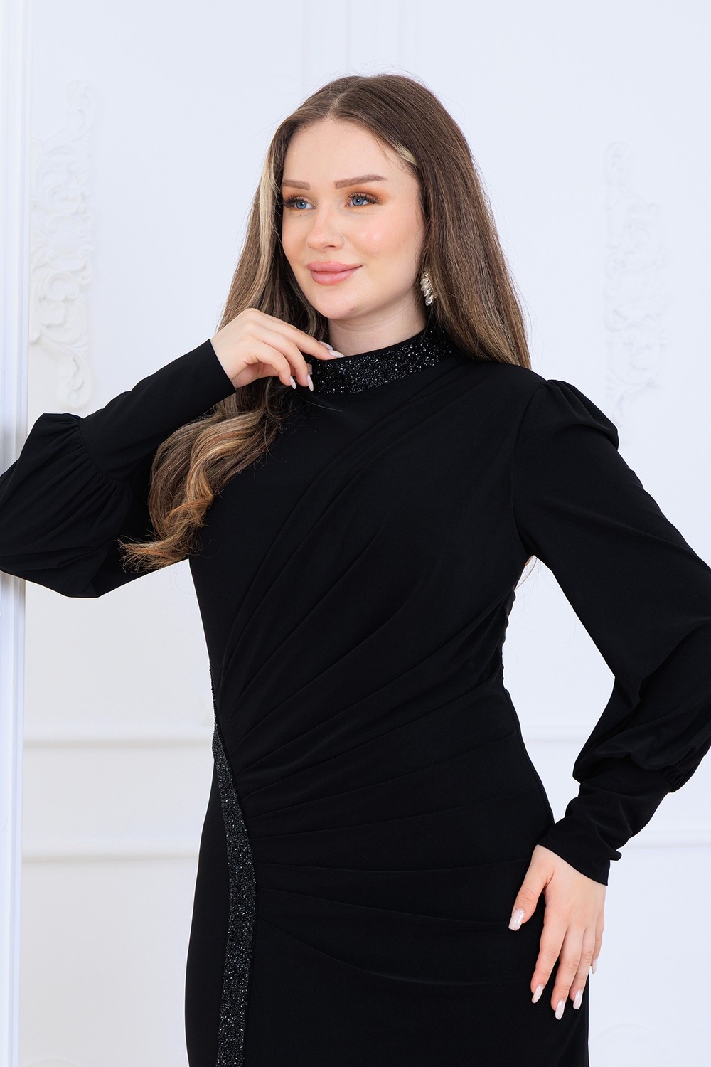 Elben moda Eleni Taş Detaylı Şık ve Zarif Tesettür Abiye Elbise görsel 2