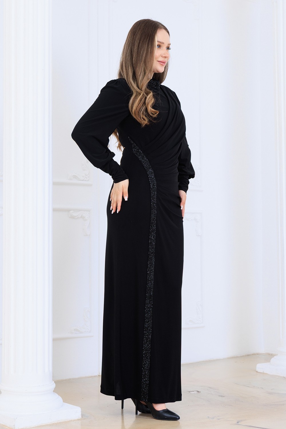 Elben moda Eleni Taş Detaylı Şık ve Zarif Tesettür Abiye Elbise görsel 4