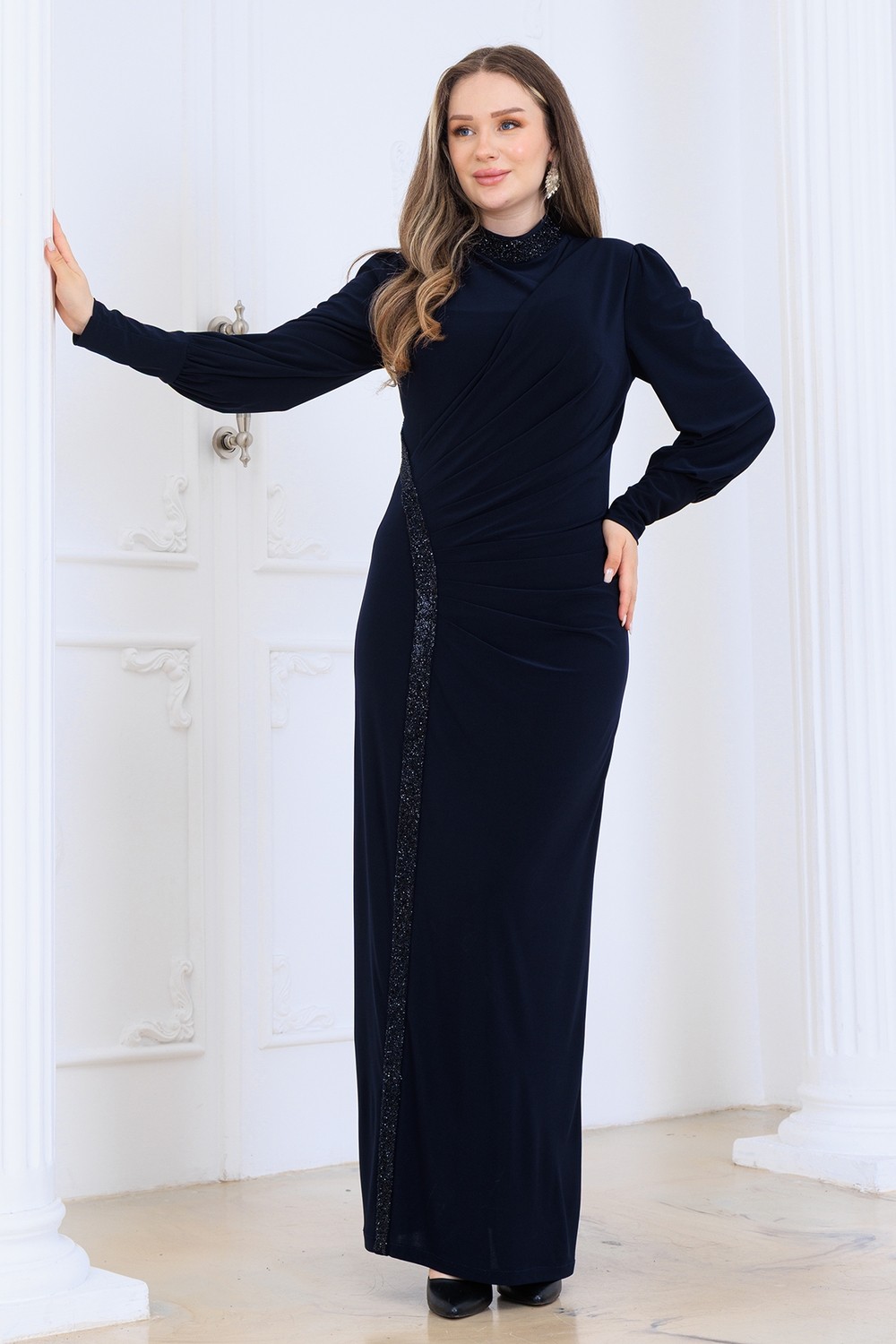 Elben moda Eleni Taş Detaylı Şık ve Zarif Tesettür Abiye Elbise