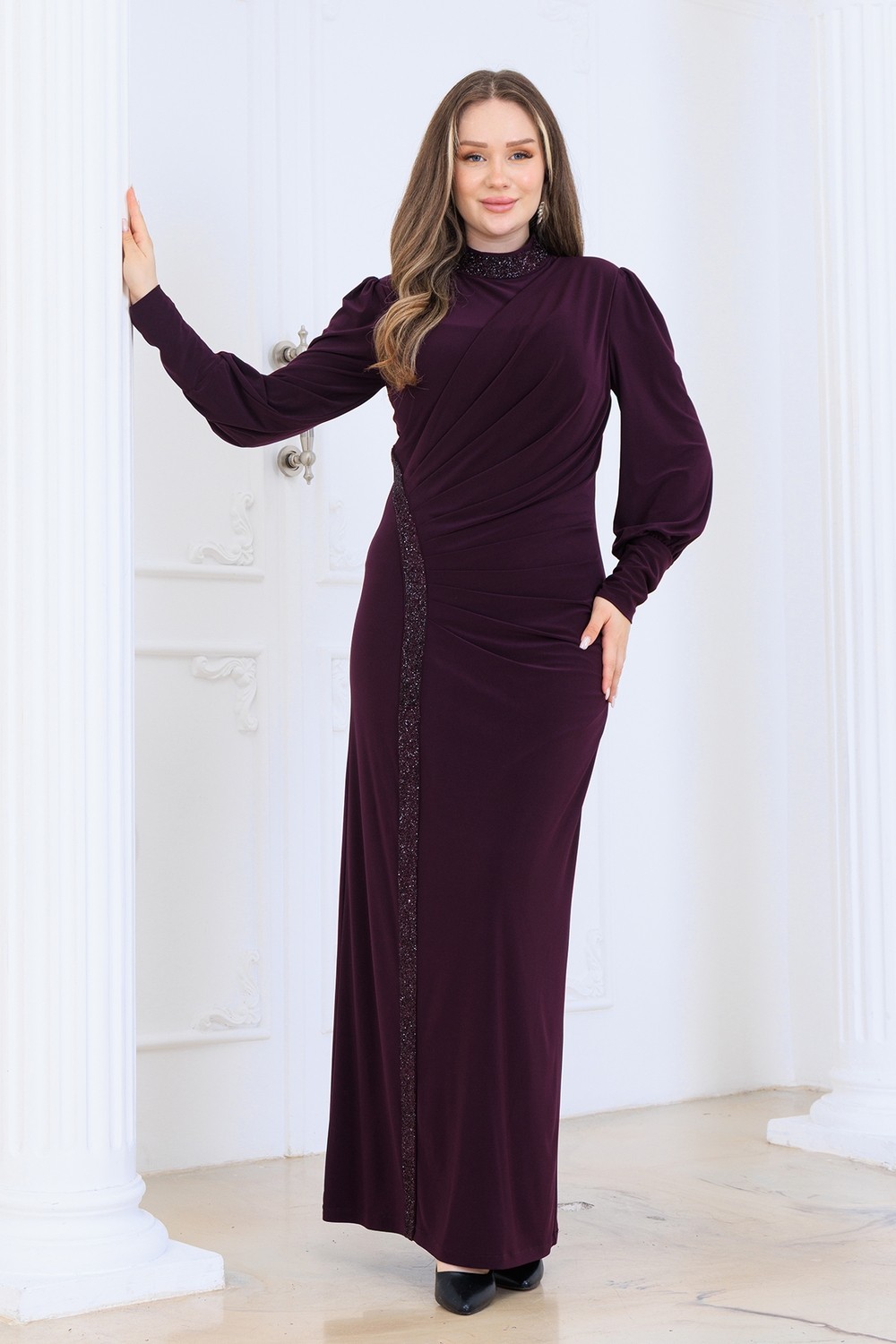 Elben moda Eleni Taş Detaylı Şık ve Zarif Tesettür Abiye Elbise görsel 8