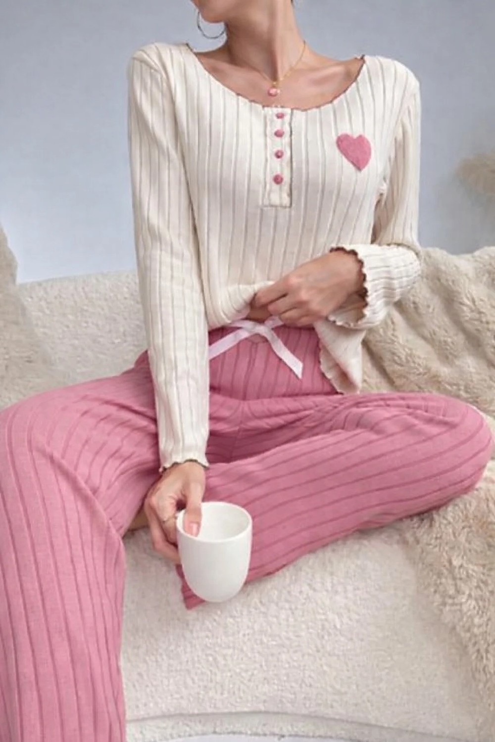 Bella Notte Nakışlı Siyah Pamuklu Kalp Detaylı Pijama Takımı