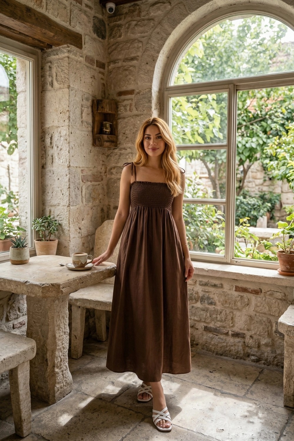 Pastelastore Haki Uzun Pamuklu Astarsız Yaz Elbisesi, Askılı