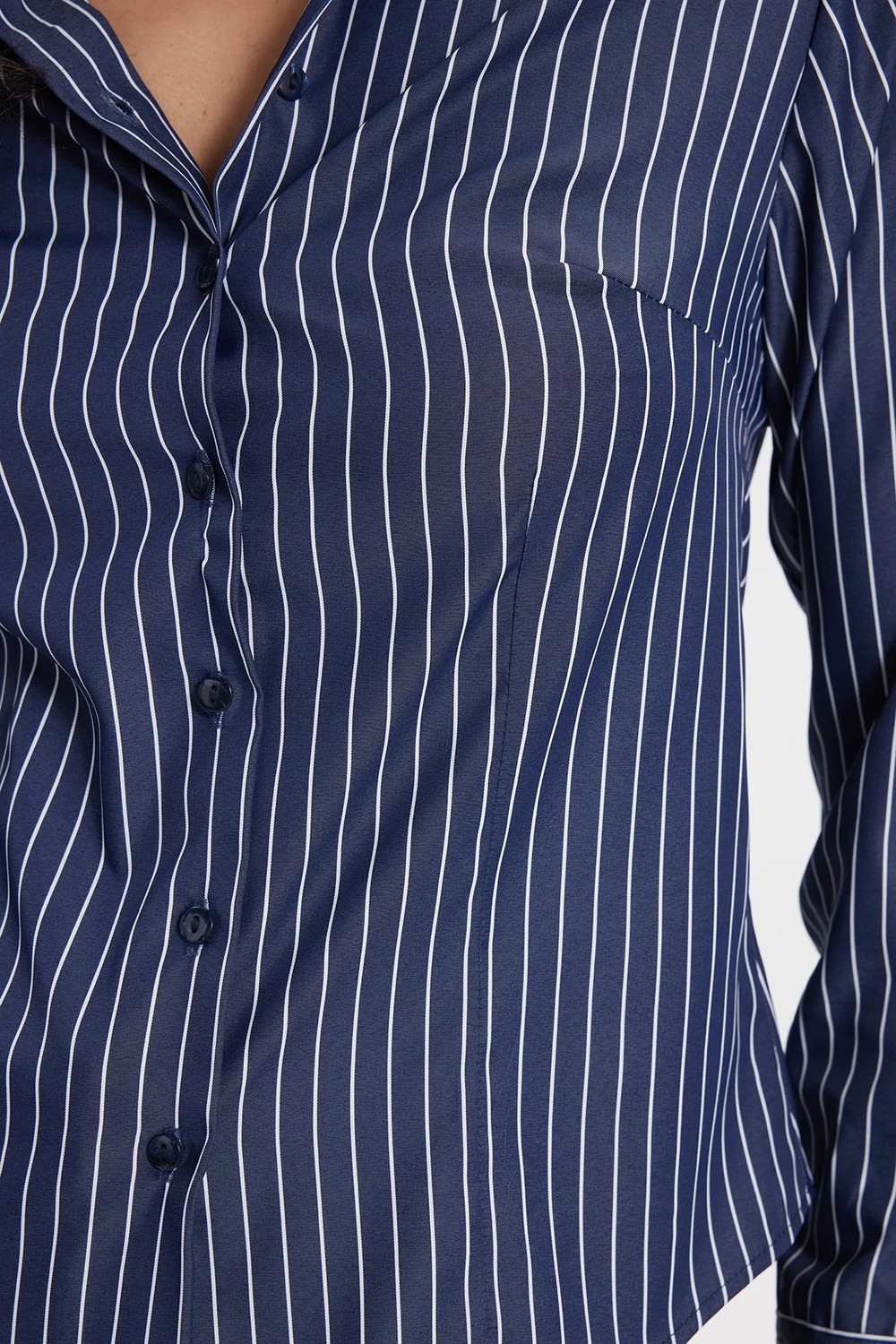 Tudors Kadın Slim Fit Dar Kesim Uzun Kollu Çizgili Lacivert Gömlek görsel 4