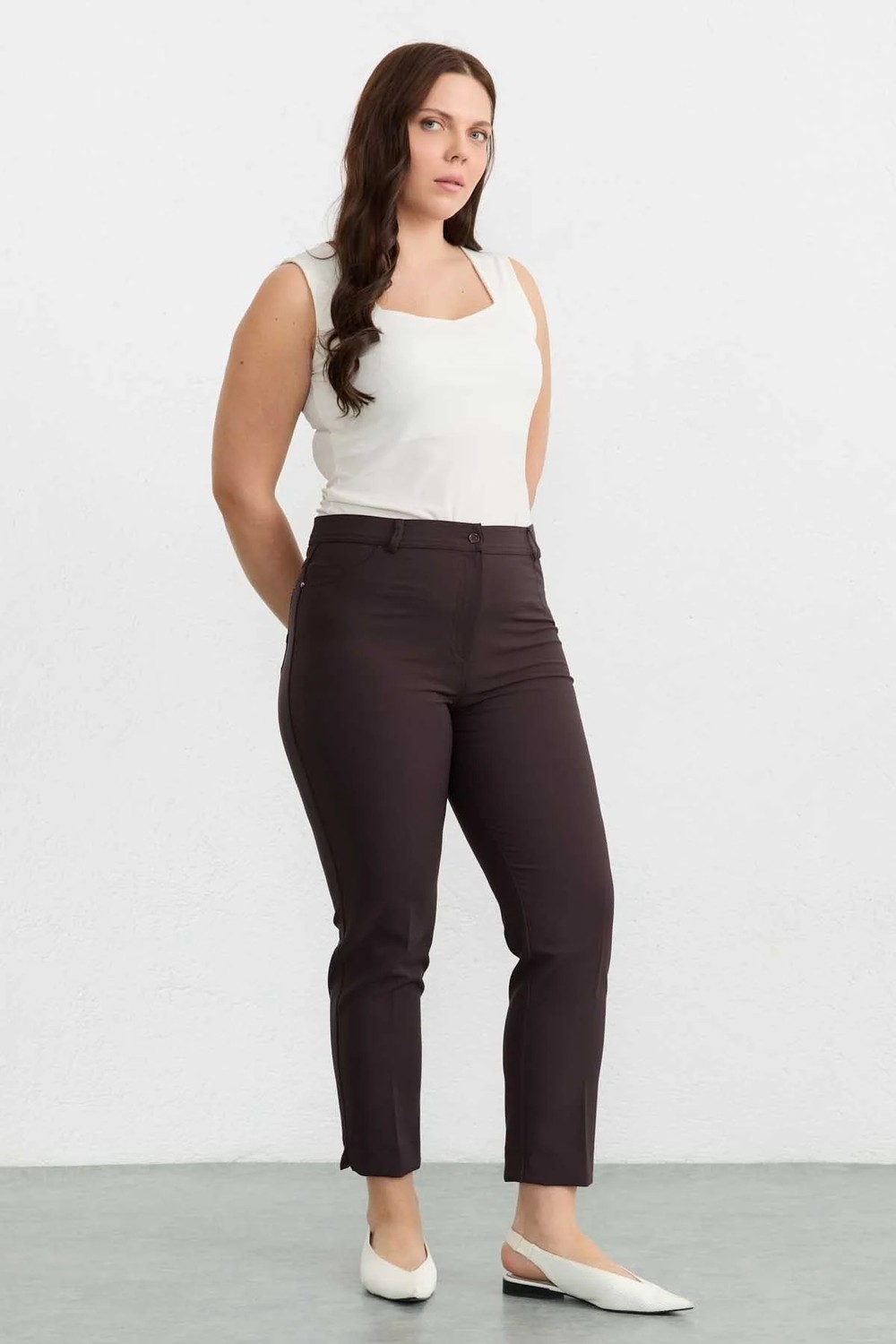 Selen Büyük Beden Spor Cep Paçası Yırtmaçlı Pantolon / Kahve görsel 2