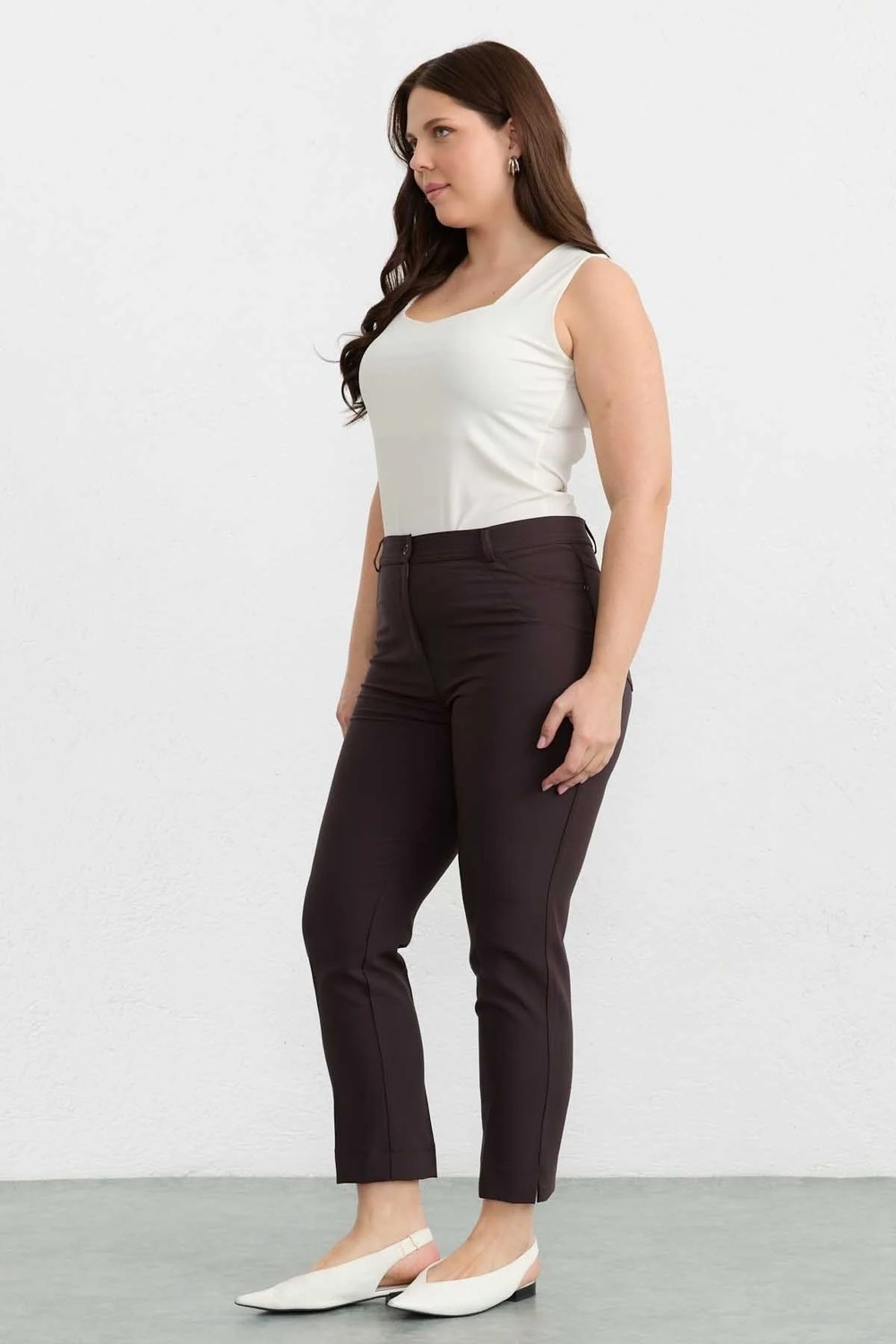 Selen Büyük Beden Spor Cep Paçası Yırtmaçlı Pantolon / Kahve görsel 3