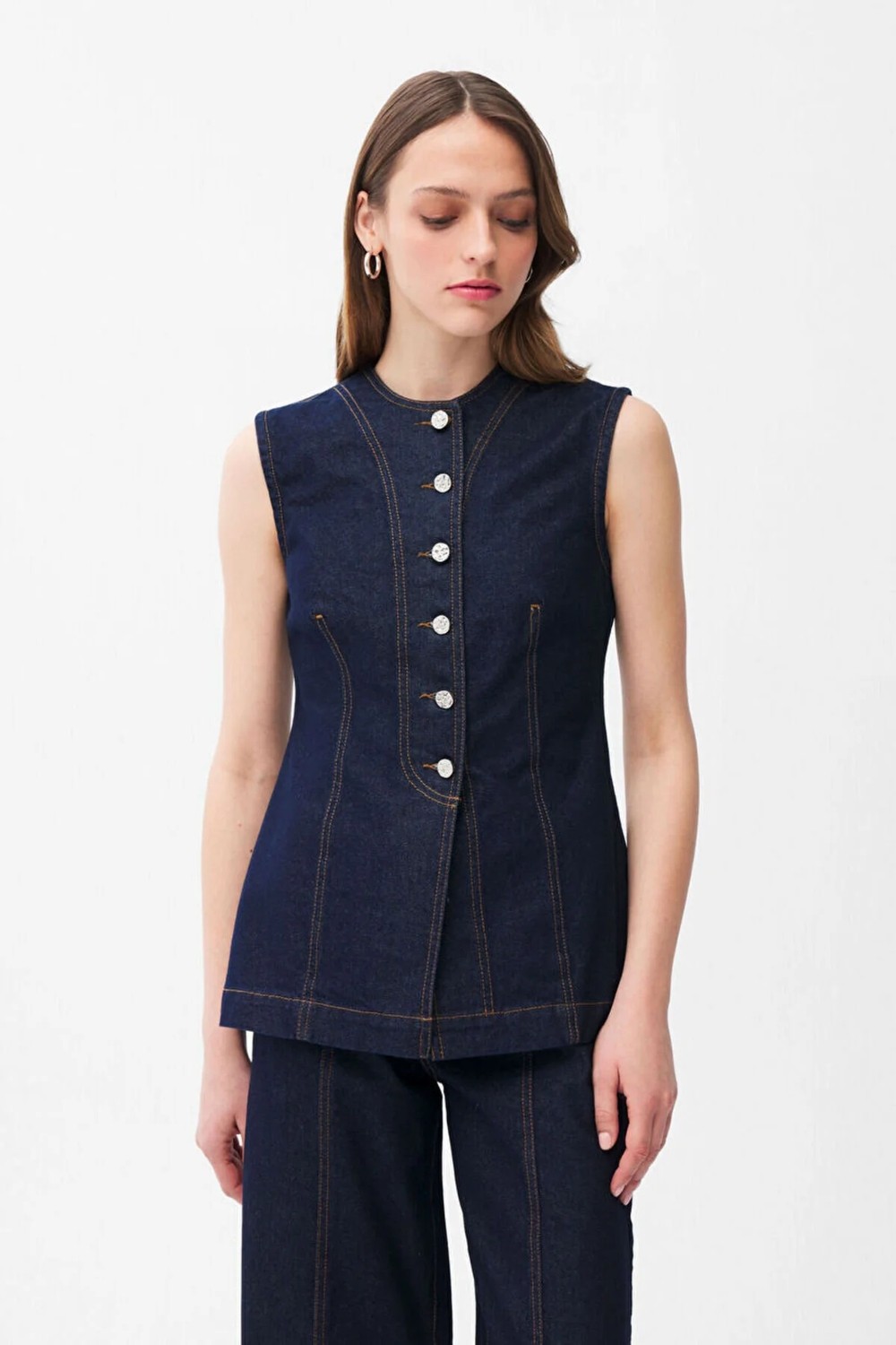 adL Dikiş Detaylı Denim Yelek Lacivert 17946651000 görsel 4