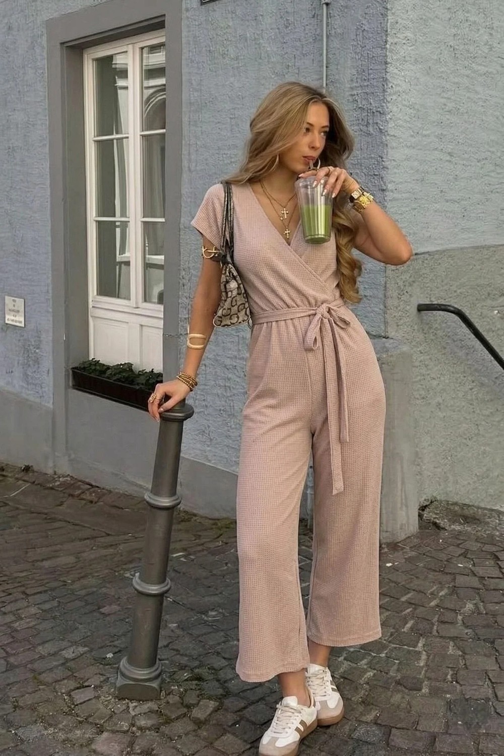 Armonika Kadın Yağ Yeşili Kruvaze Beli Kemerli Tulum ARM-20Y042008