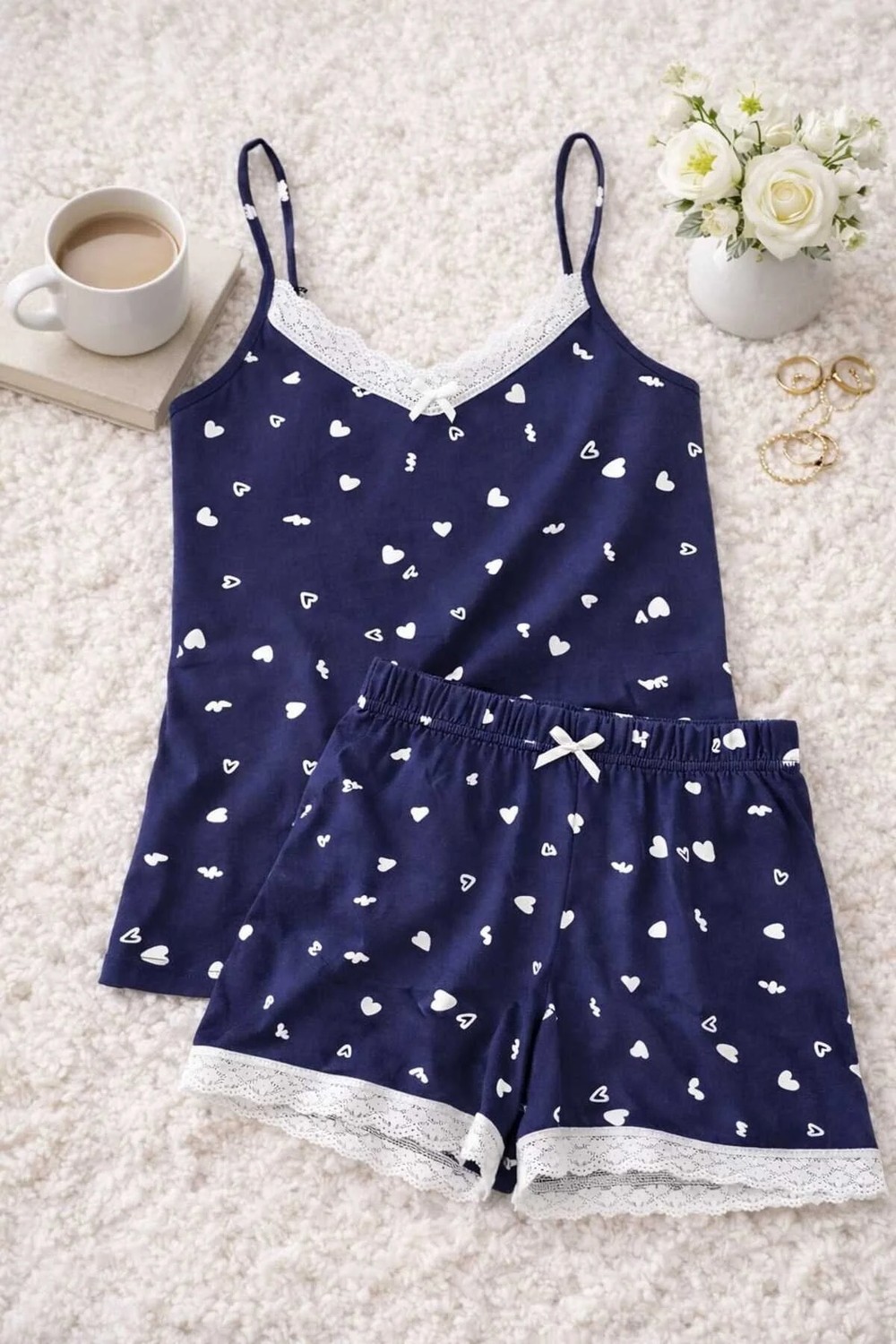Tenra Kadın Kırmızı Ekose Ip Askılı Şortlu Pijama Takımı Dantel Detaylı görsel 8