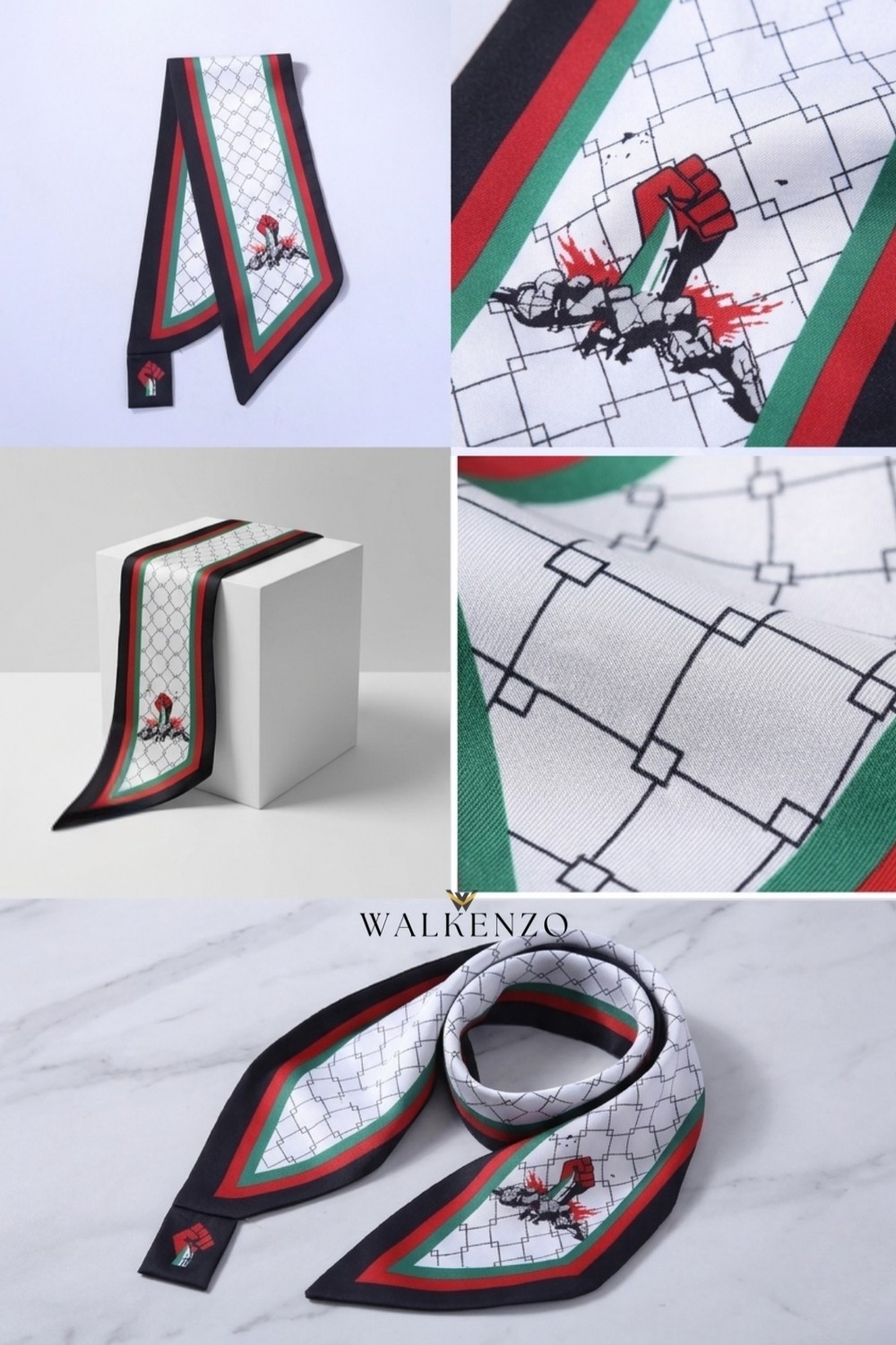 Walkenzo Filistin Temalı Özel Tasarım Kravat Formlu Kadın Fular görsel 3