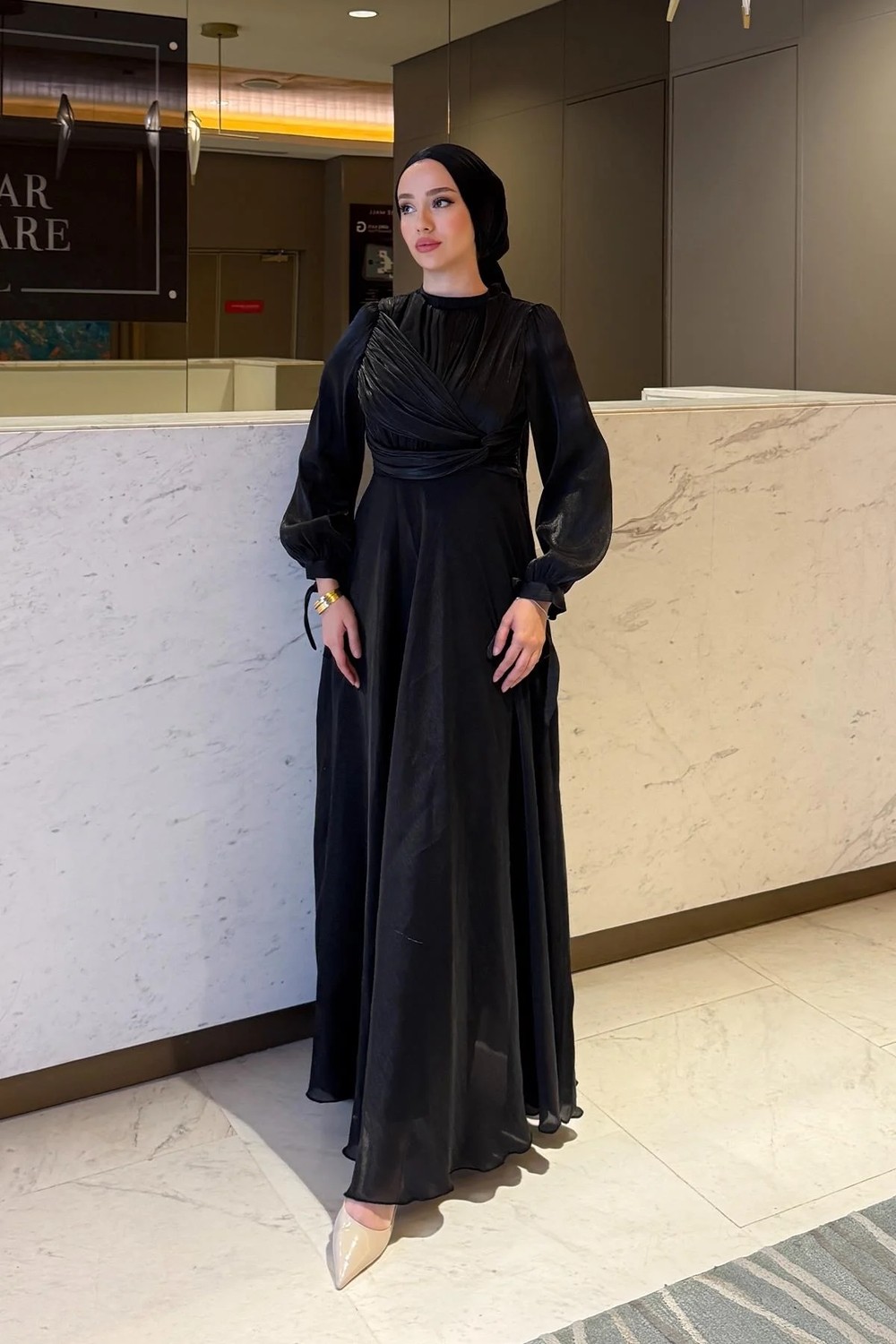 Tesettür Diyarı Ala Model Yandan Dolamalı Janjan Kumaş Tesettür Abiye- Somon görsel 2