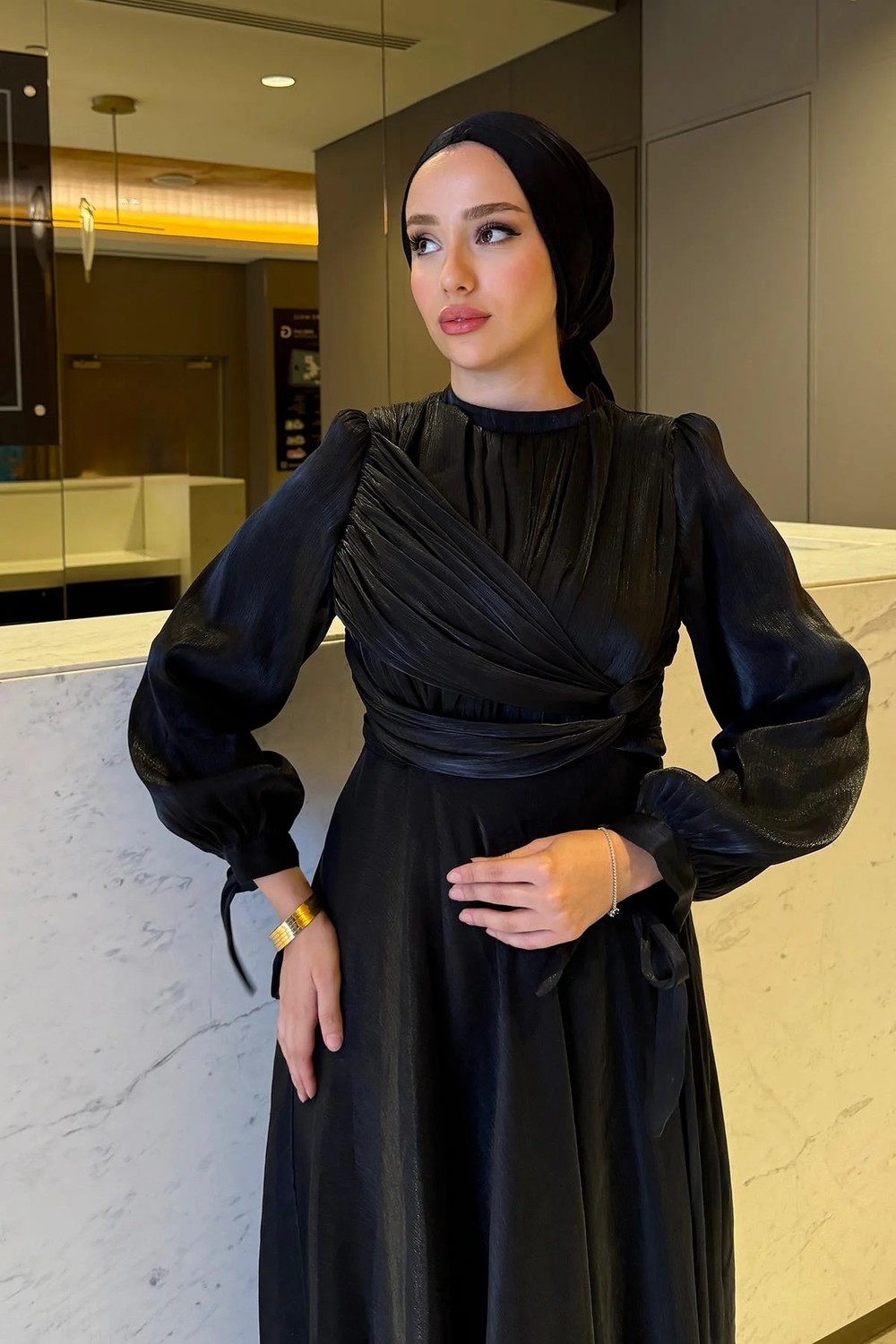 Tesettür Diyarı Ala Model Yandan Dolamalı Janjan Kumaş Tesettür Abiye- Somon görsel 5