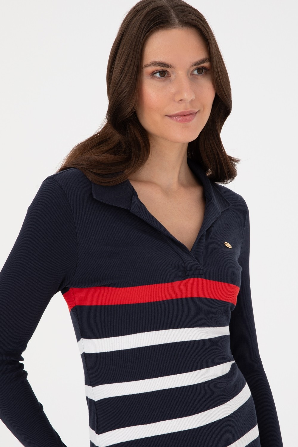 U.S. Polo Assn. Kadın Lacivert Çizgili Polo Yaka Mini Boy Örme Elbise 50299045-VR033 görsel 2