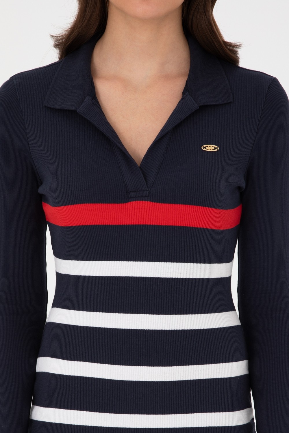 U.S. Polo Assn. Kadın Lacivert Çizgili Polo Yaka Mini Boy Örme Elbise 50299045-VR033 görsel 5