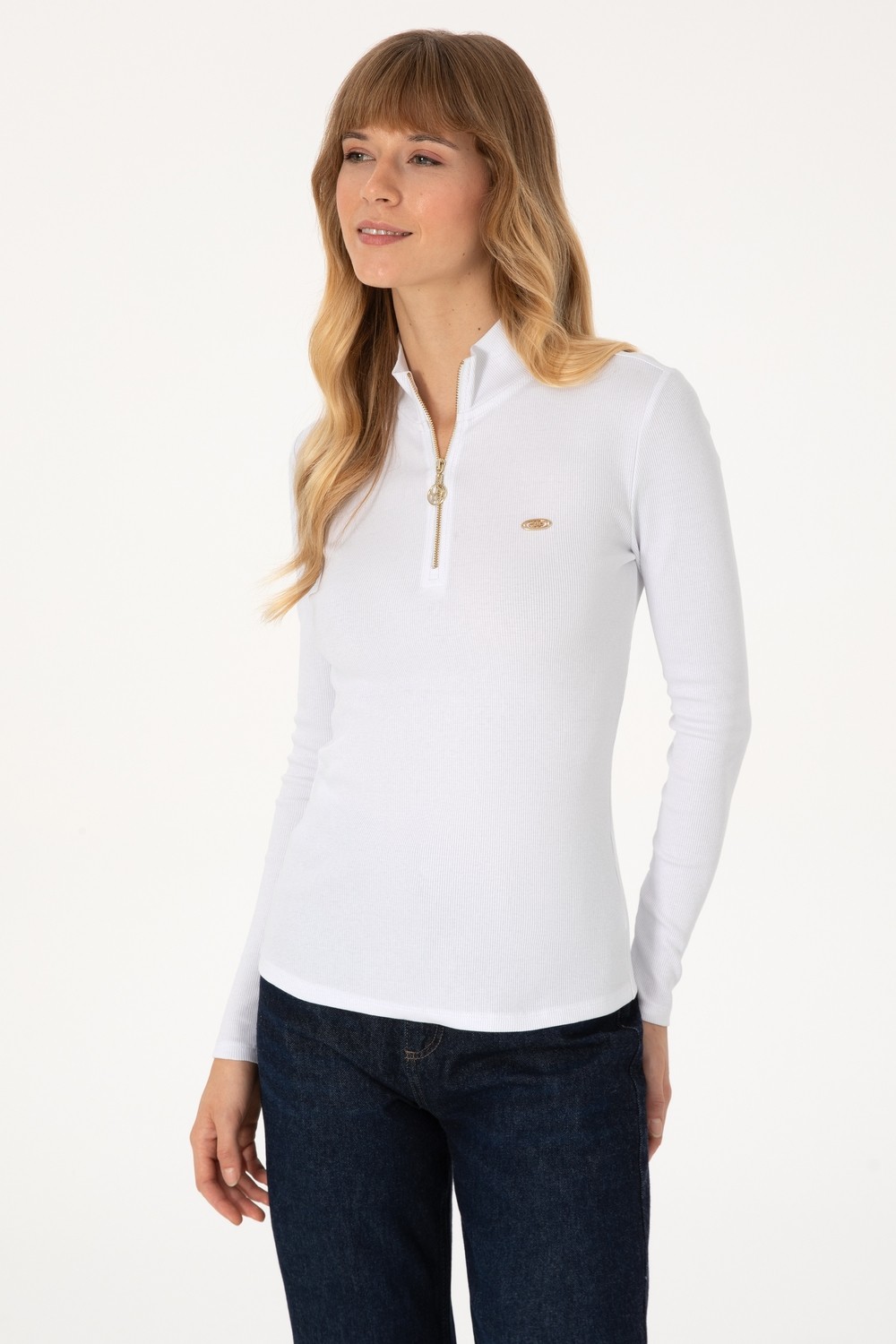 U.S. Polo Assn. Kadın Beyaz Fermuarlı Dik Yaka Sweatshirt 50313564-VR013 görsel 3
