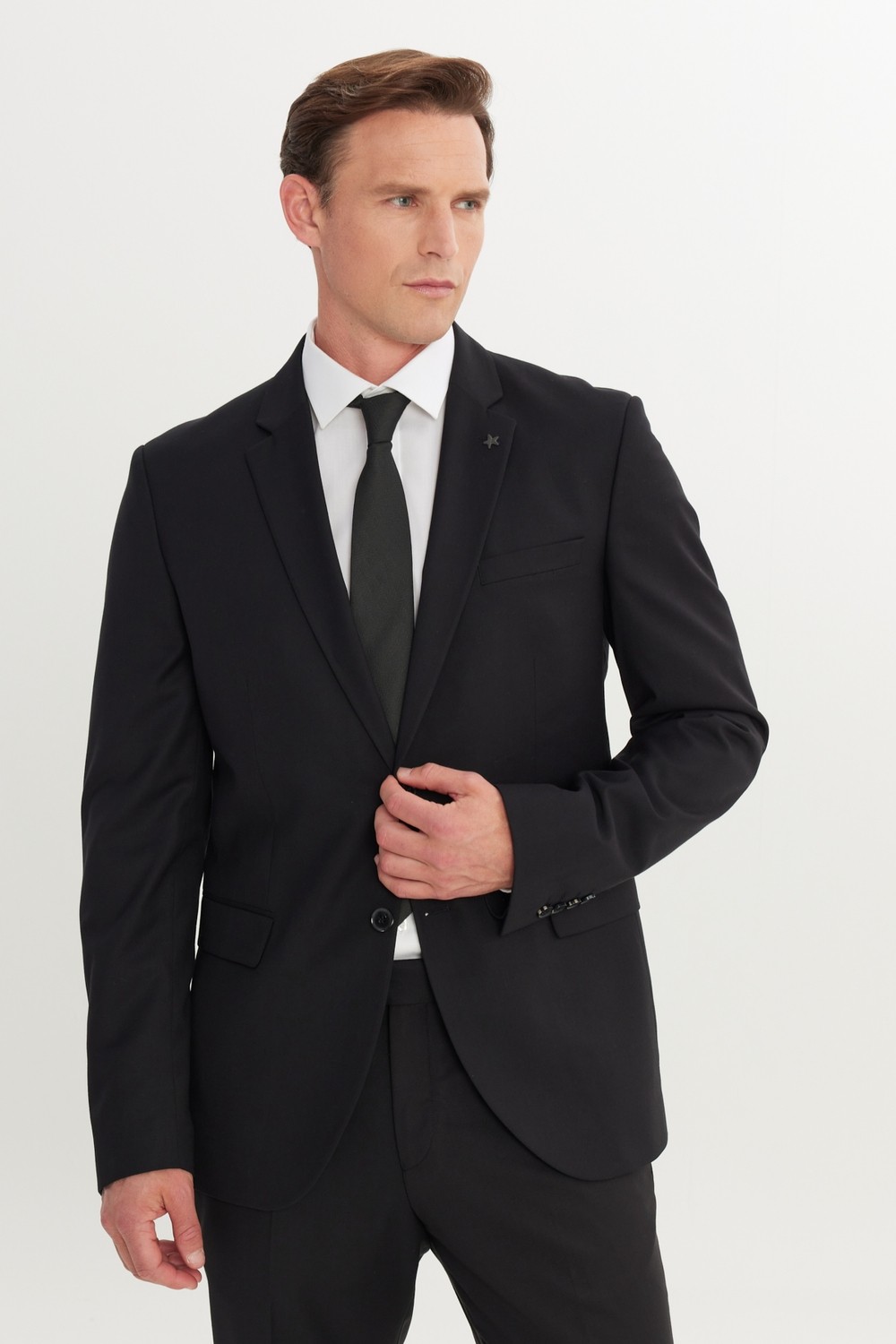Altınyıldız Classics Erkek Siyah Slim Fit Dar Kesim Mono Yaka Armürlü Esnek Takım Elbise