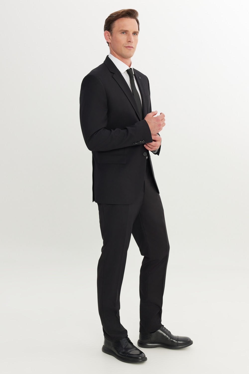 Altınyıldız Classics Erkek Siyah Slim Fit Dar Kesim Mono Yaka Armürlü Esnek Takım Elbise görsel 4