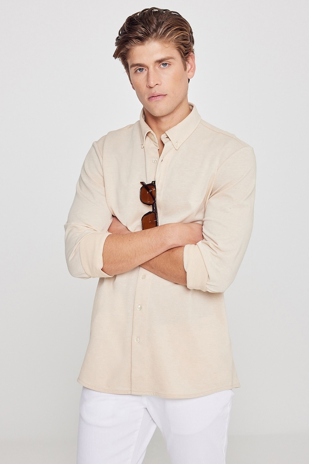 Altınyıldız Classics Erkek Haki Pamuklu Tailored Slim Fit Dar Kesim Düğmeli Yaka Örme Gömlek