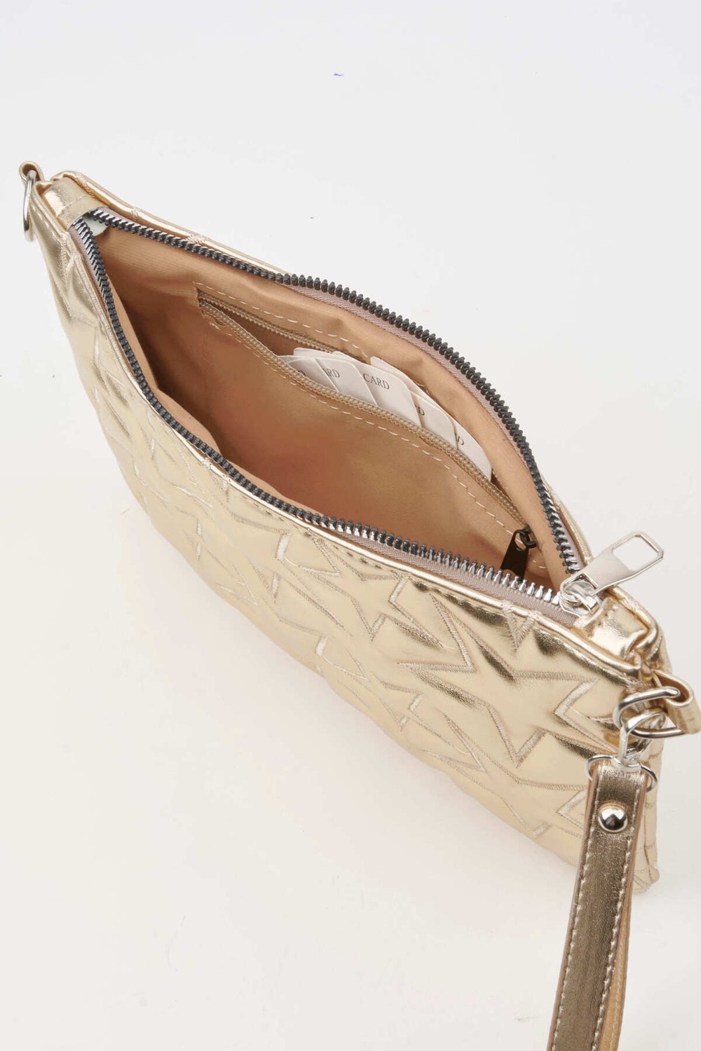 Vivaq Kadın Sarı Yıldız Nakışlı Rugan Deri Bilek ve Zincir Askılı Portföy El ve Clutch Çanta görsel 4