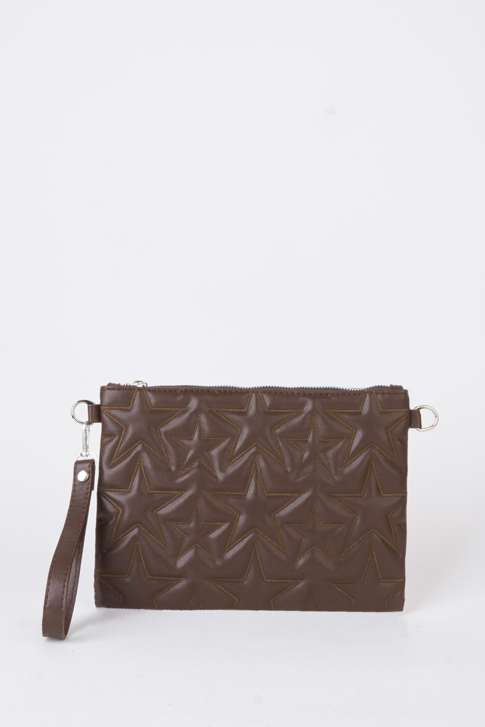 Vivaq Kadın Kahverengi Yıldız Nakışlı Suni Deri Bilek ve Zincir Askılı Portföy El ve Clutch Çanta