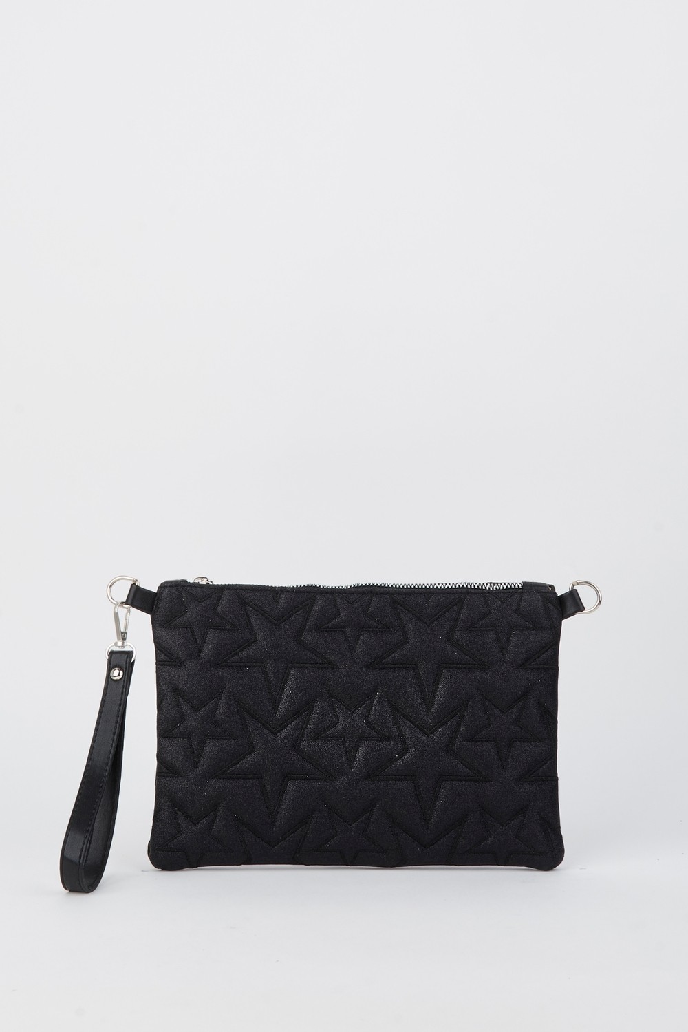Vivaq Kadın Siyah Simli Yıldız Nakışlı Suni Deri Bilek ve Zincir Askılı Portföy El ve Clutch Çanta