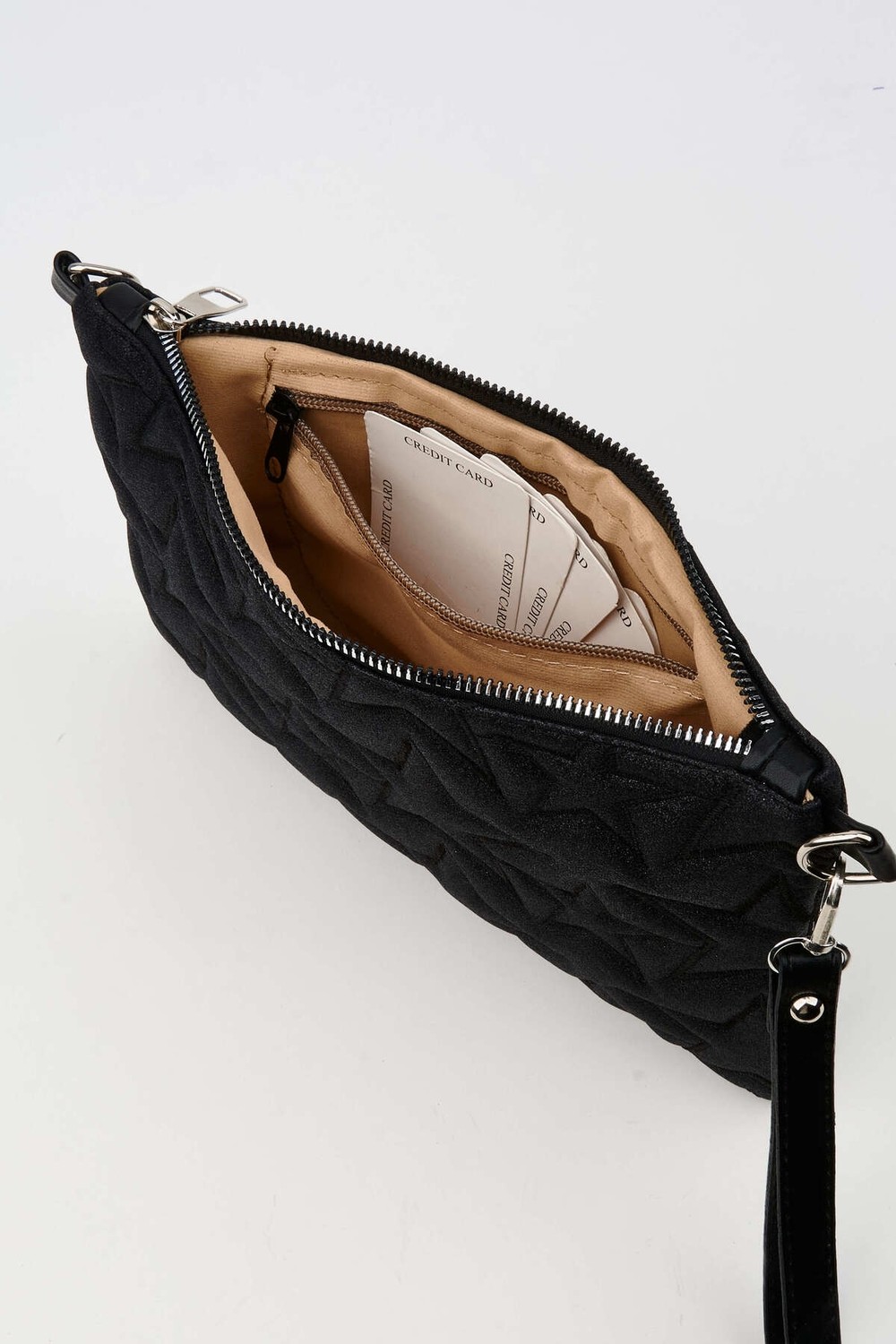 Vivaq Kadın Siyah Simli Yıldız Nakışlı Suni Deri Bilek ve Zincir Askılı Portföy El ve Clutch Çanta görsel 4