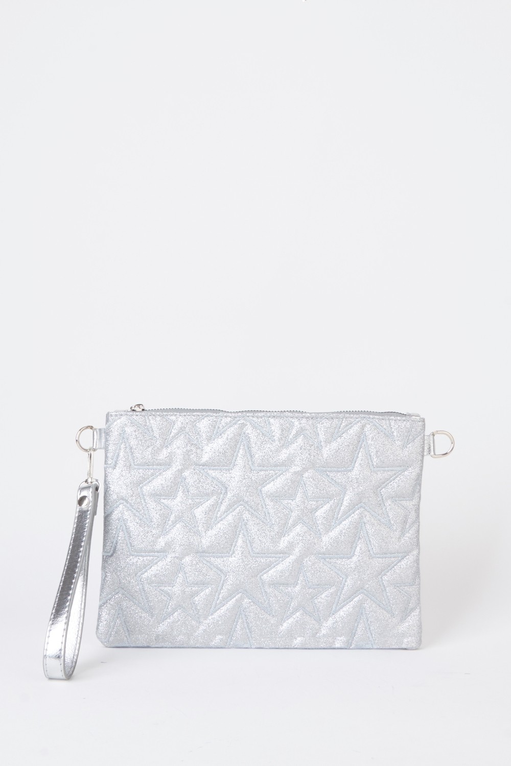 Vivaq Kadın Gümüş Simli Yıldız Nakışlı Suni Deri Bilek ve Zincir Askılı Portföy El ve Clutch Çanta