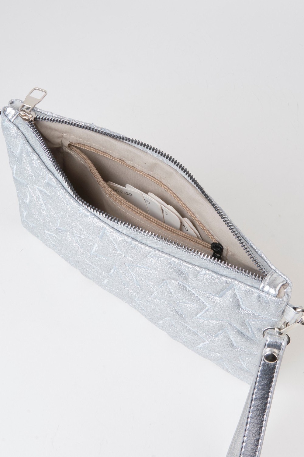 Vivaq Kadın Gümüş Simli Yıldız Nakışlı Suni Deri Bilek ve Zincir Askılı Portföy El ve Clutch Çanta görsel 4