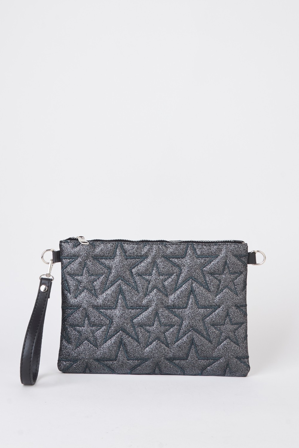 Vivaq Kadın Füme Simli Yıldız Nakışlı Suni Deri Bilek ve Zincir Askılı Portföy El ve Clutch Çanta