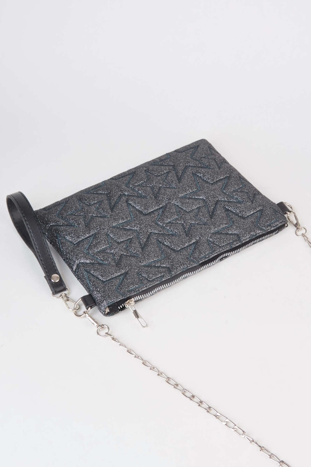 Vivaq Kadın Füme Simli Yıldız Nakışlı Suni Deri Bilek ve Zincir Askılı Portföy El ve Clutch Çanta görsel 4