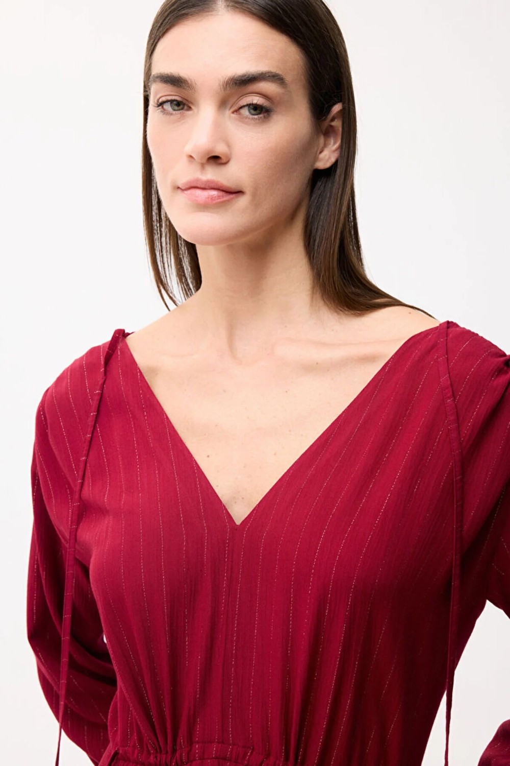 Love My Body Çizgili V Yaka Uzun Elbise Bordo 124L8501002 görsel 3