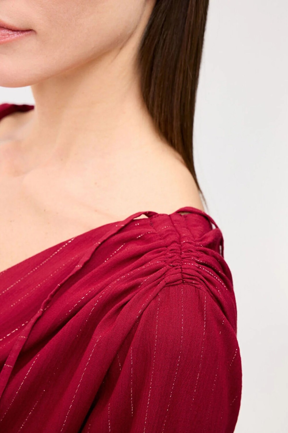 Love My Body Çizgili V Yaka Uzun Elbise Bordo 124L8501002 görsel 4