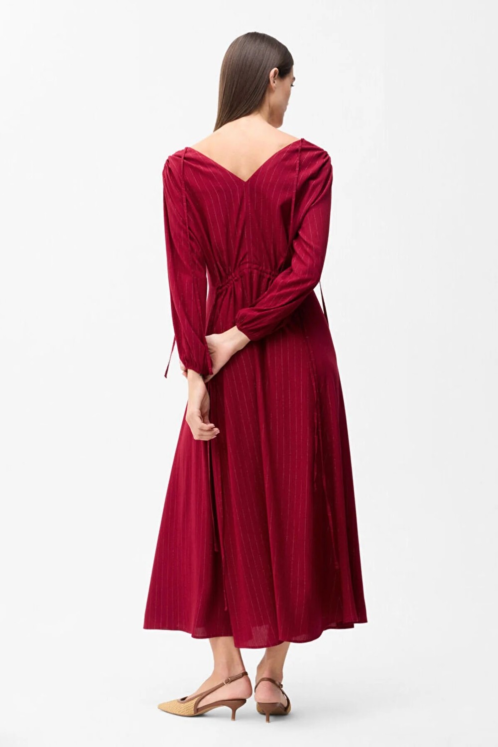 Love My Body Çizgili V Yaka Uzun Elbise Bordo 124L8501002 görsel 6
