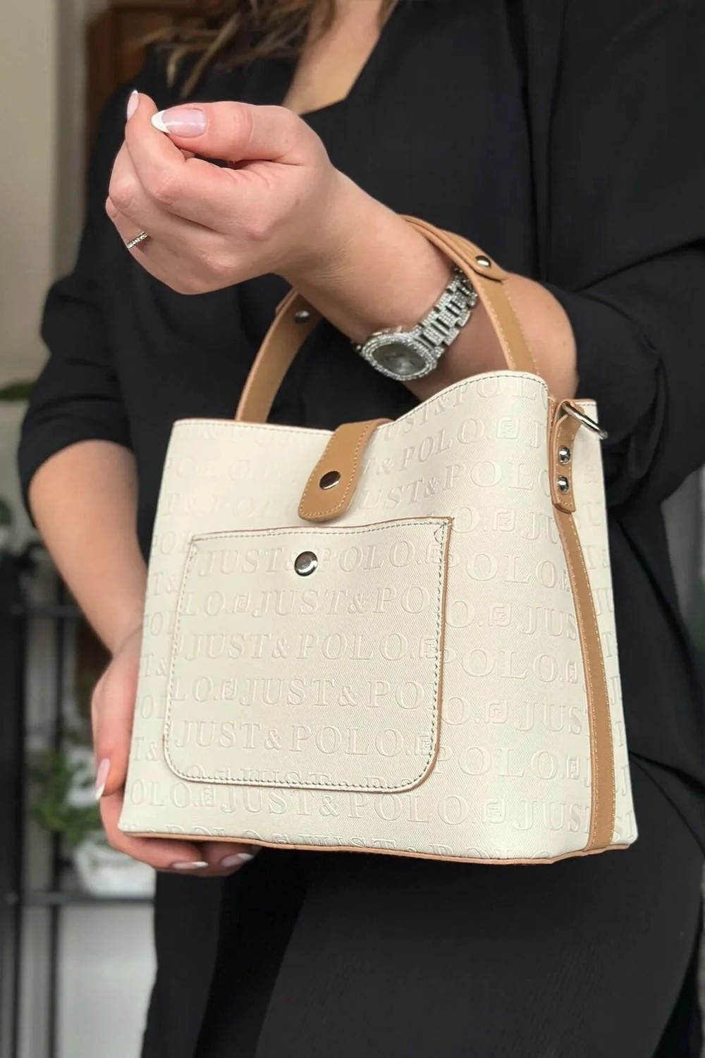 Just Polo Kadın Gofraj Baskılı Kilit Detaylı Vegan Omuz ve El Çantası görsel 3