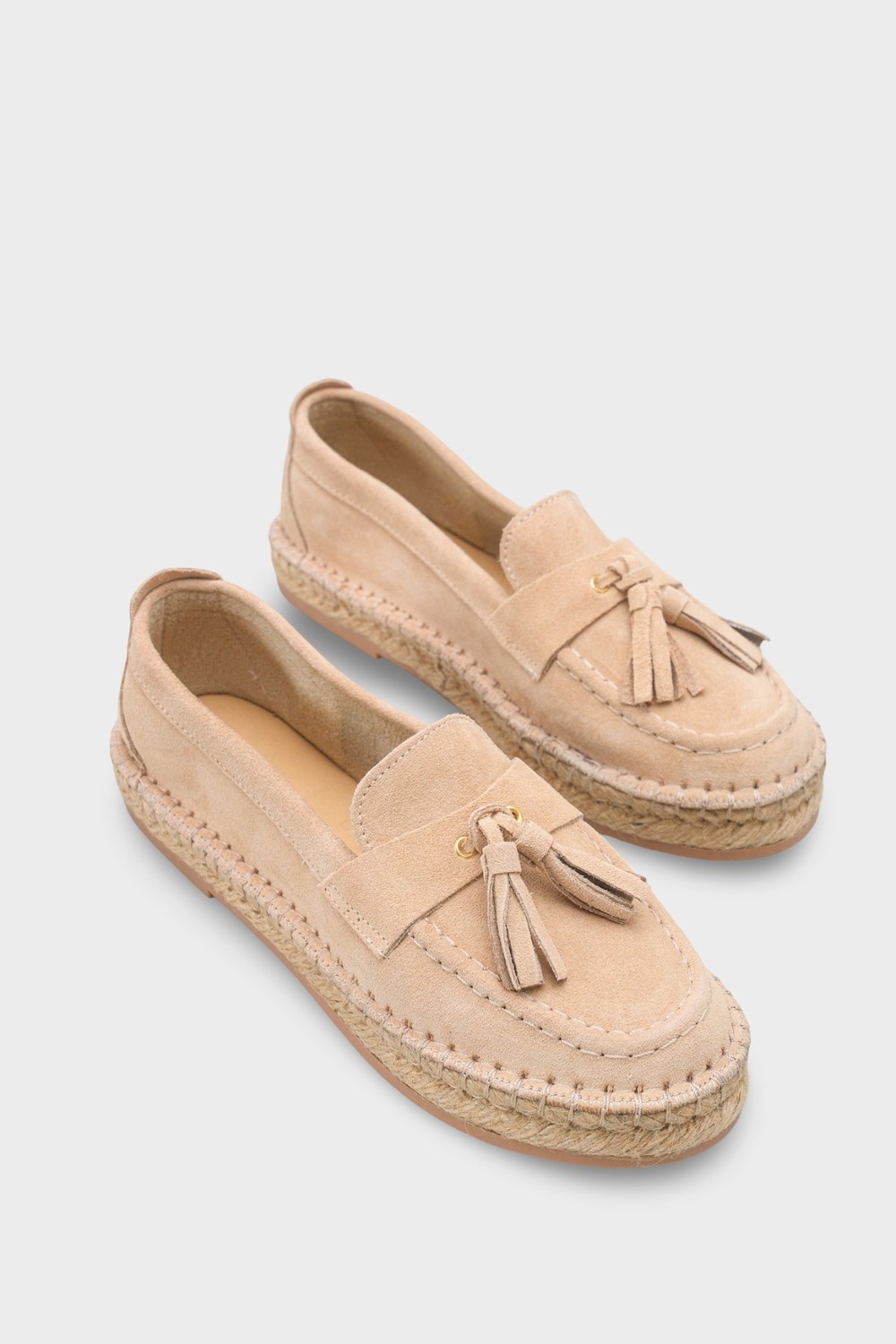 Capone Outfitters Yoklo Hakiki Deri Süet Espadril Tabanlı Püsküllü Kadın Loafer Ayakkabı