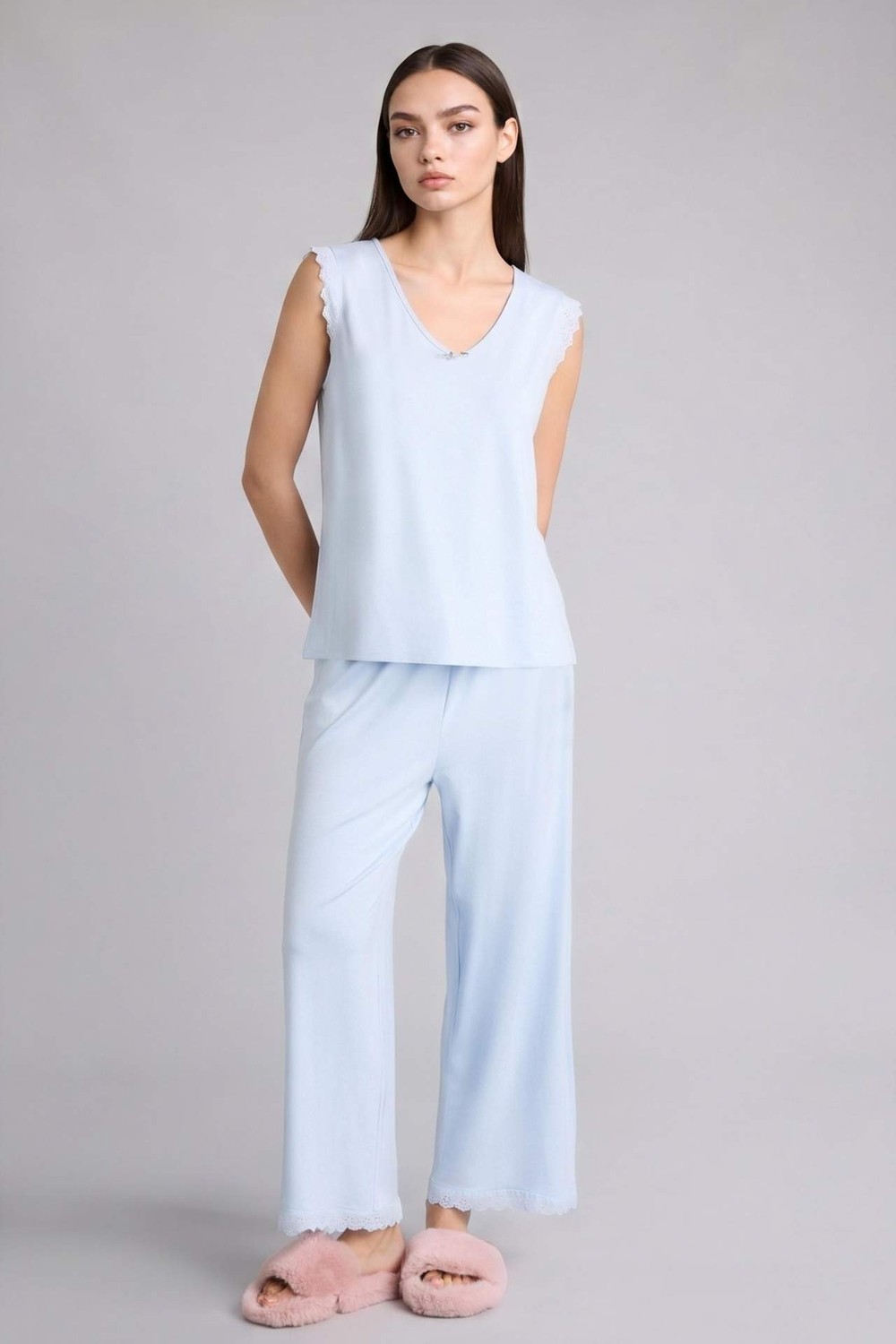 DeFacto Regular Fit Kolsuz Üst Uzun Alt Pijama Takımı F6988AX26SM görsel 2