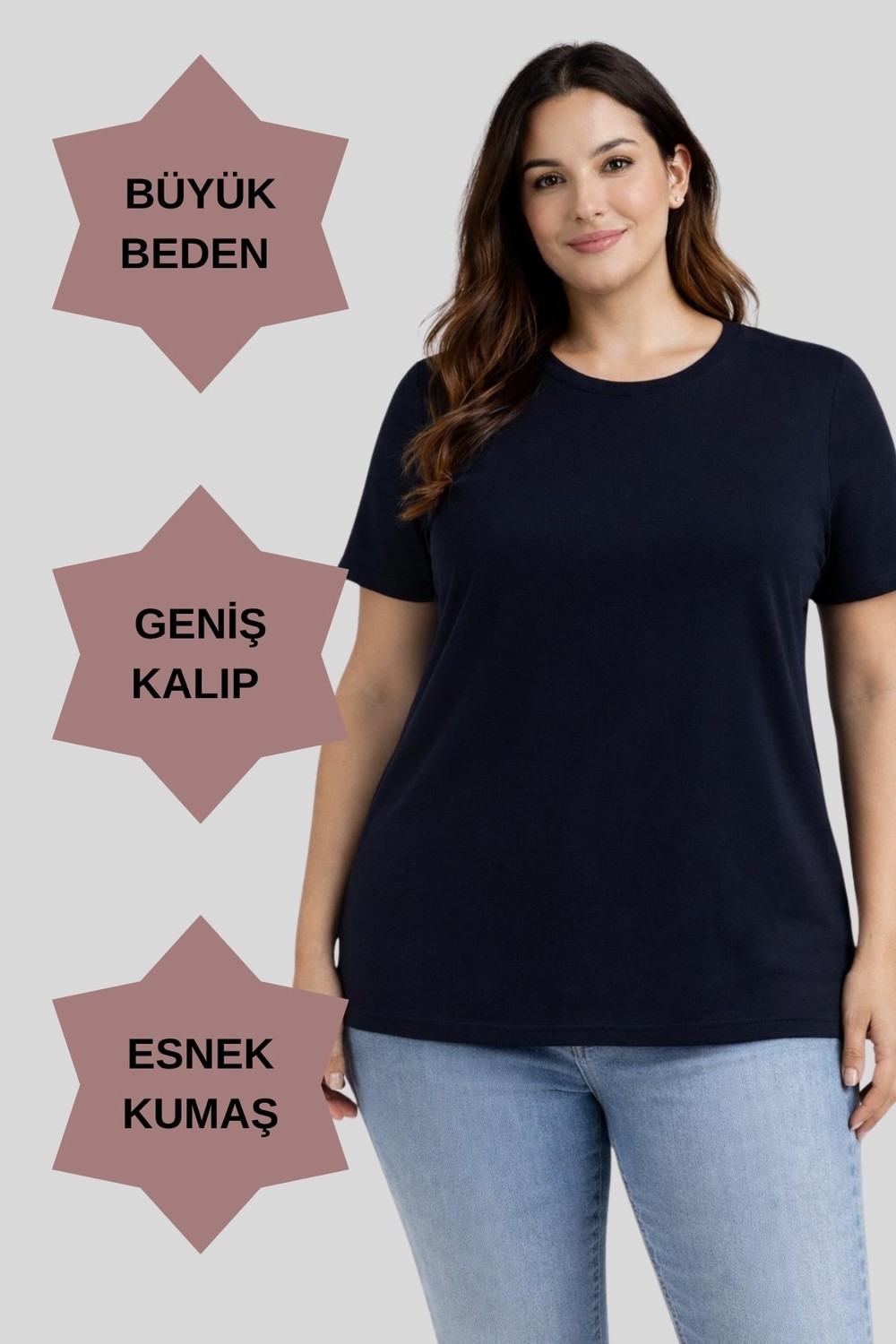 Büyük Beden Yeni Sezon Konfor Modeli Viskon Ribana Kısa Kol Anne Tshirt-Lacivert