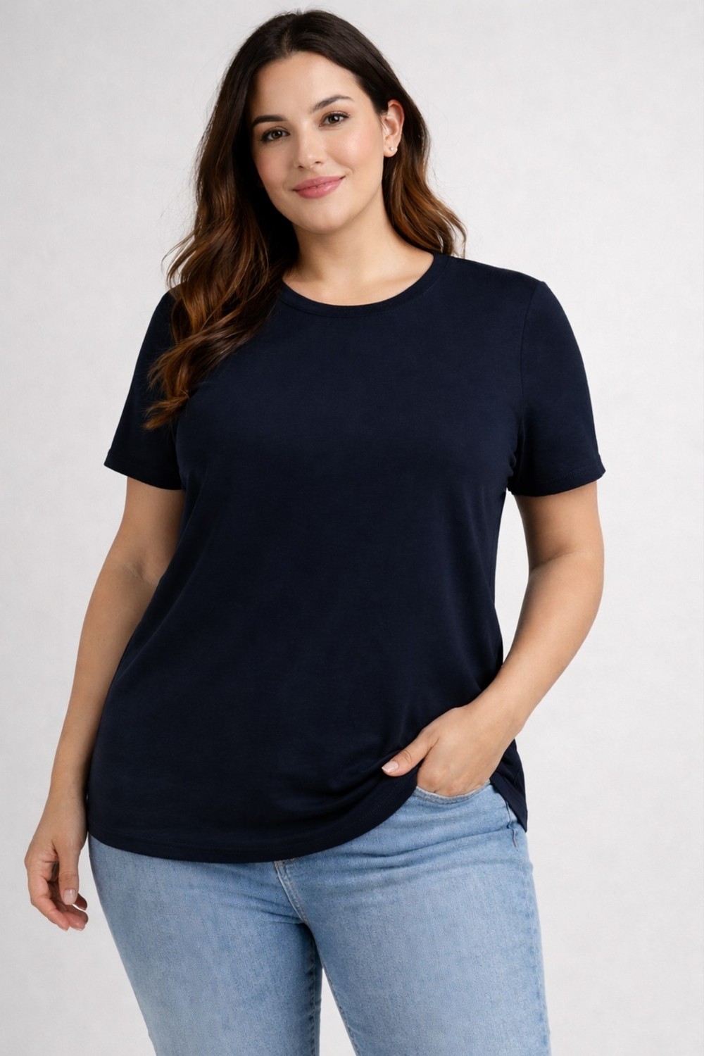 Büyük Beden Yeni Sezon Konfor Modeli Viskon Ribana Kısa Kol Anne Tshirt-Lacivert görsel 2