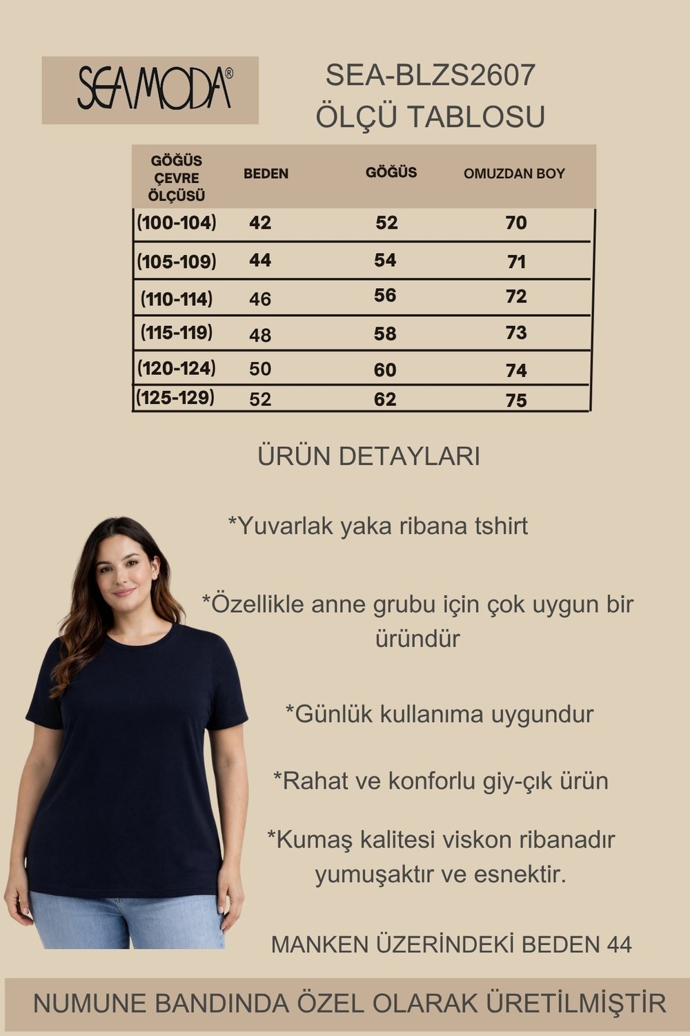 Büyük Beden Yeni Sezon Konfor Modeli Viskon Ribana Kısa Kol Anne Tshirt-Lacivert görsel 3