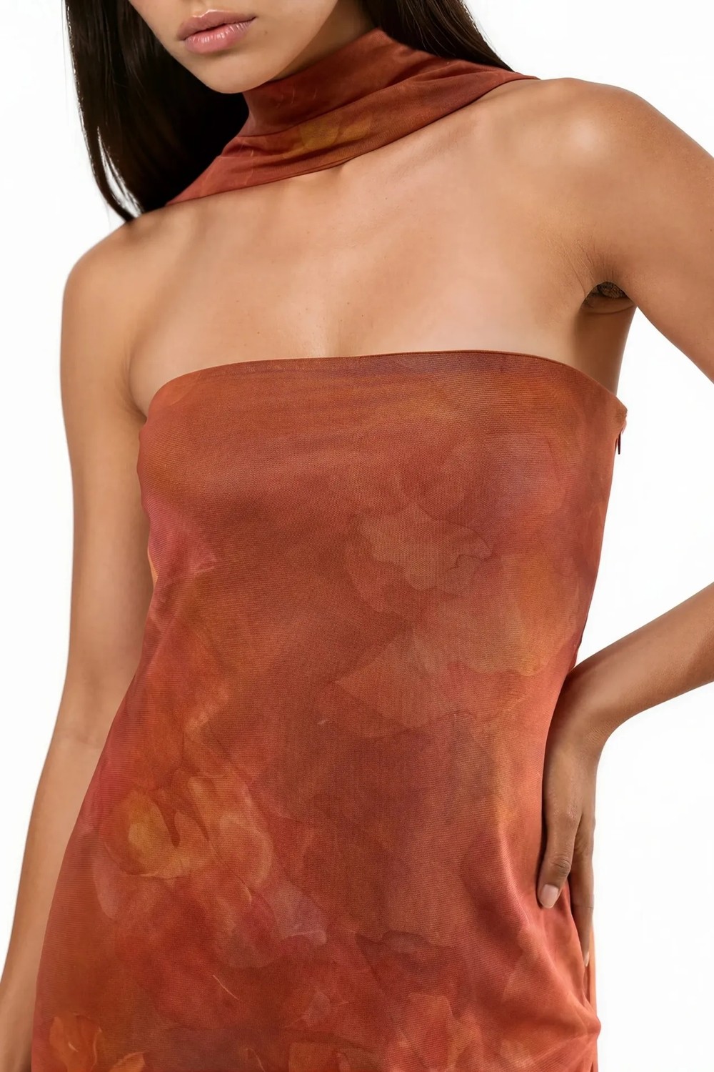 Hiccup Kadınlar Straplez Çiçek Desenli Tül Kuşaklı Bodycon Maxi Elbise Parlak Turuncu görsel 7