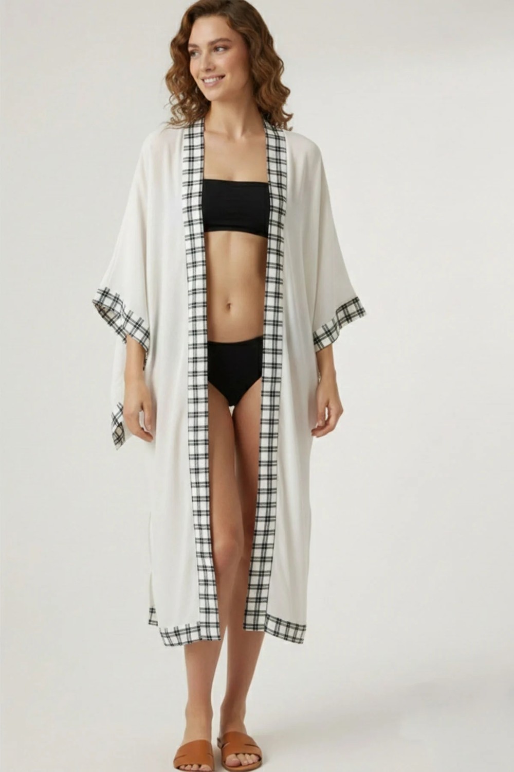 Deriderim Luna Ekru Kareli Desen Şeritli Plaj Kimono Kaftan