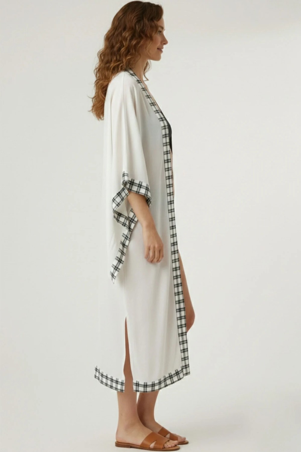 Deriderim Luna Ekru Kareli Desen Şeritli Plaj Kimono Kaftan görsel 3