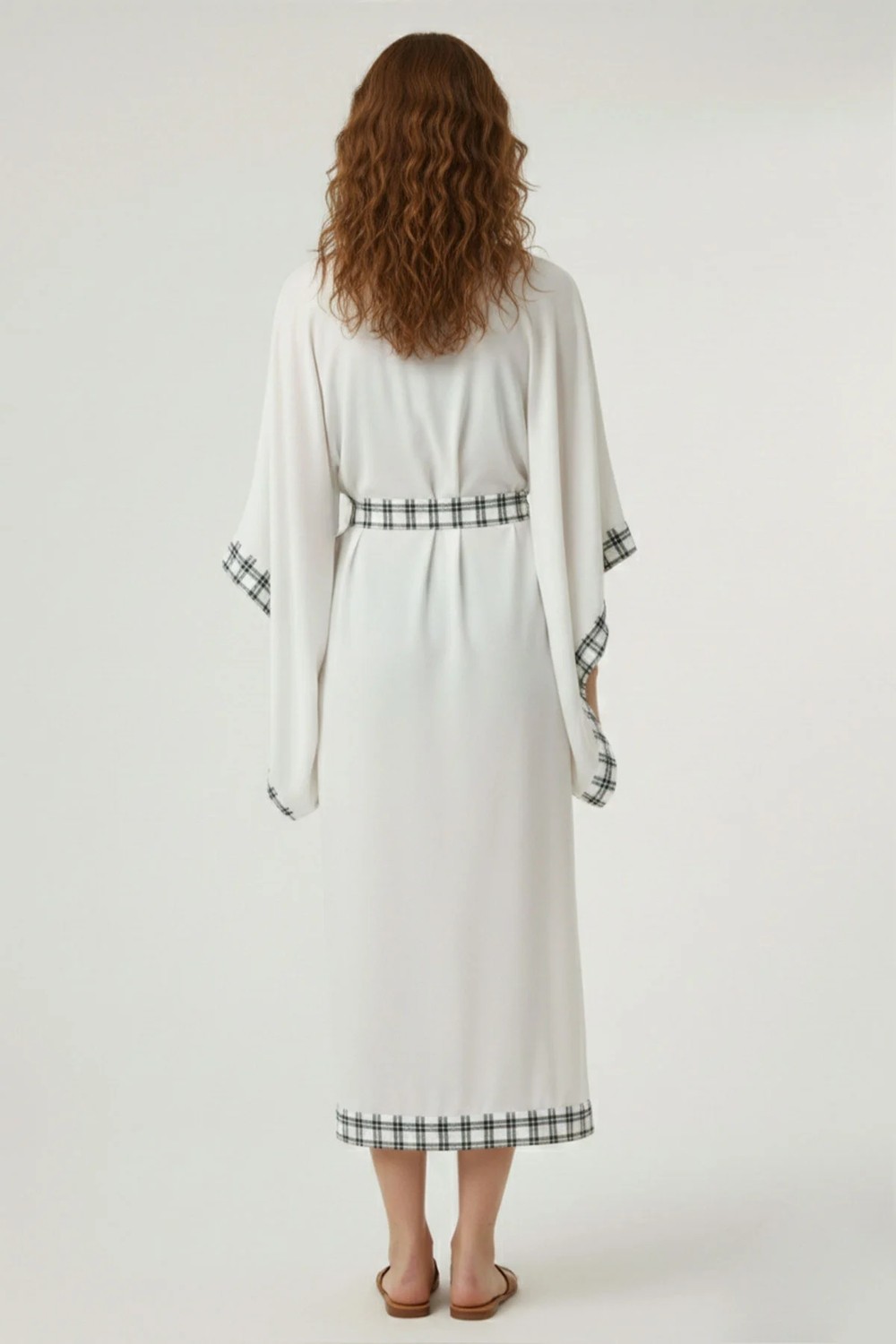 Deriderim Luna Ekru Kareli Desen Şeritli Plaj Kimono Kaftan görsel 4