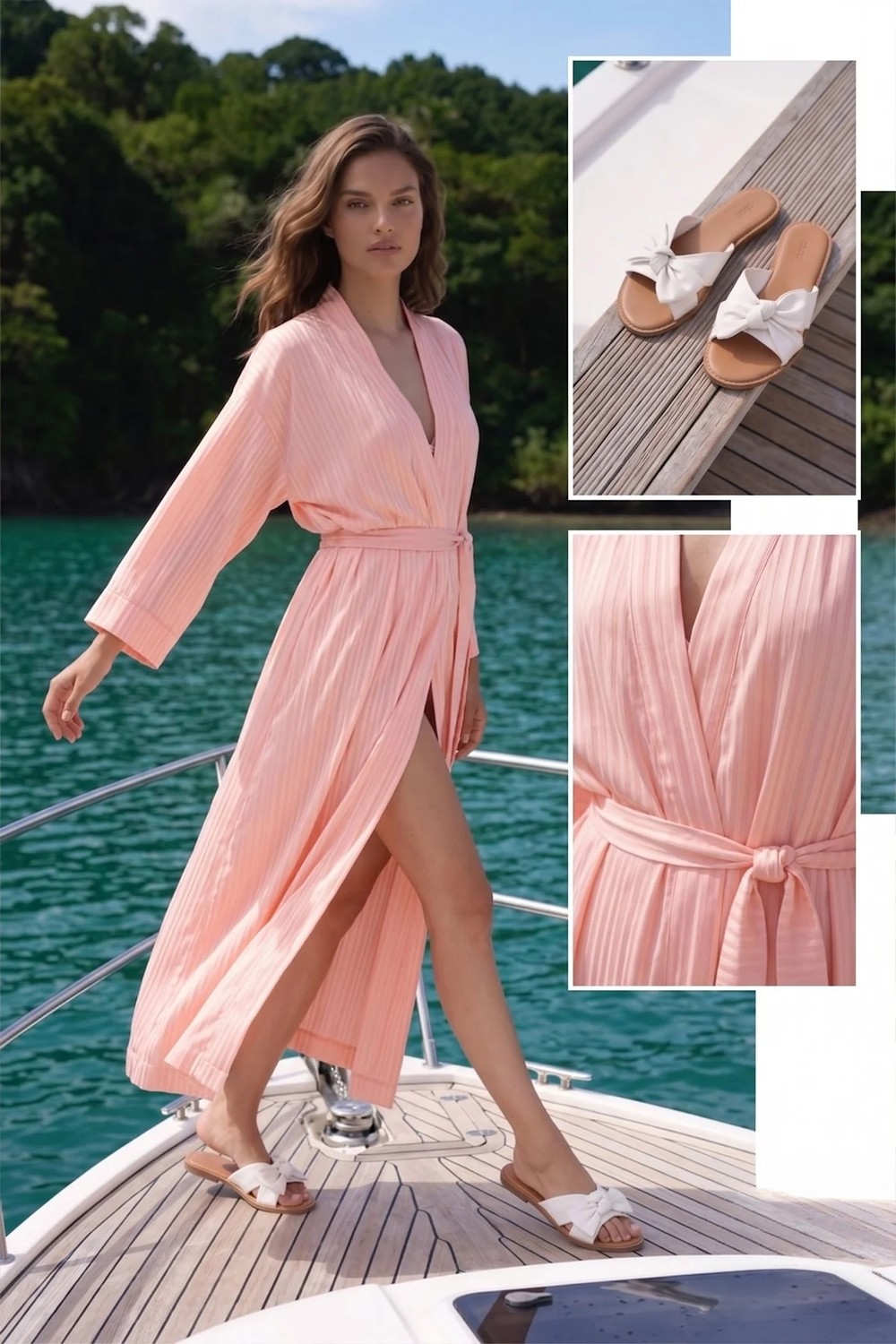 Deriderim Lavin Toz Pembe Maxi Şifon Elbise Plaj Kaftan görsel 2