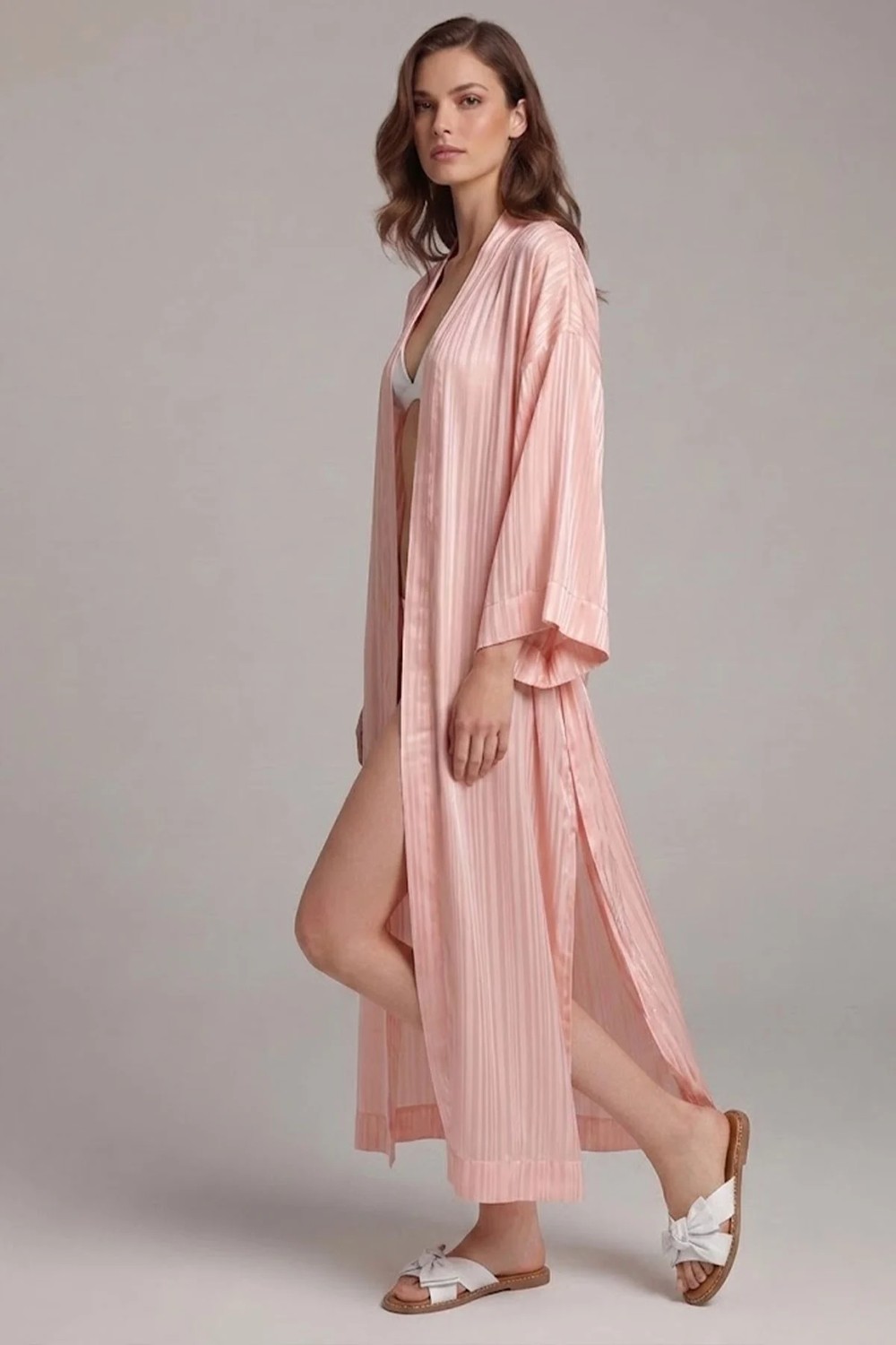 Deriderim Lavin Toz Pembe Maxi Şifon Elbise Plaj Kaftan görsel 8