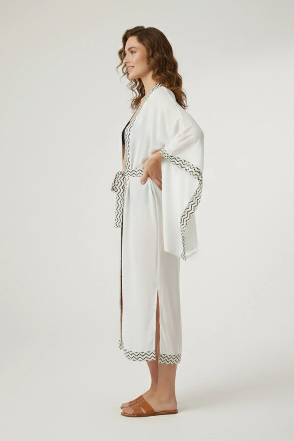 Deriderim Luna Yırtmaç Detaylı Geometrik Desenli Ekru Kaftan Plaj Kimono görsel 4