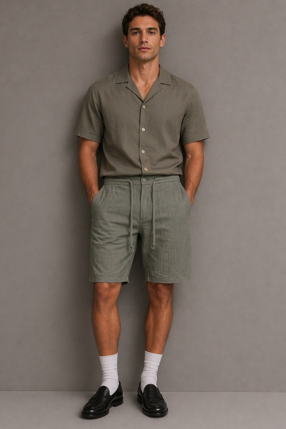 Tarz Cool Erkek %100 Pamuk Linen Şort, Bağcıklı Rahat Kesim Yazlık Şort görsel 2